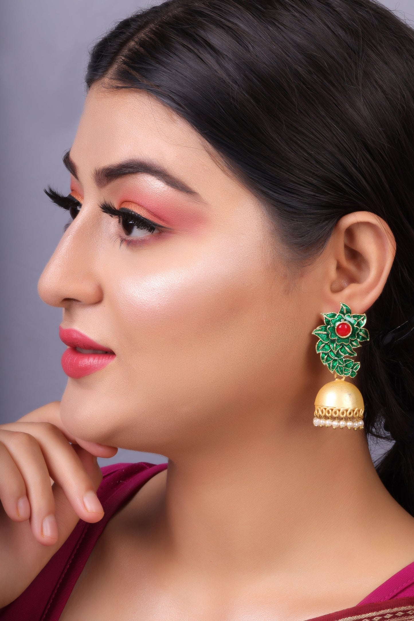Niva- Hanging Pearl Jhumka Earrings(Green)