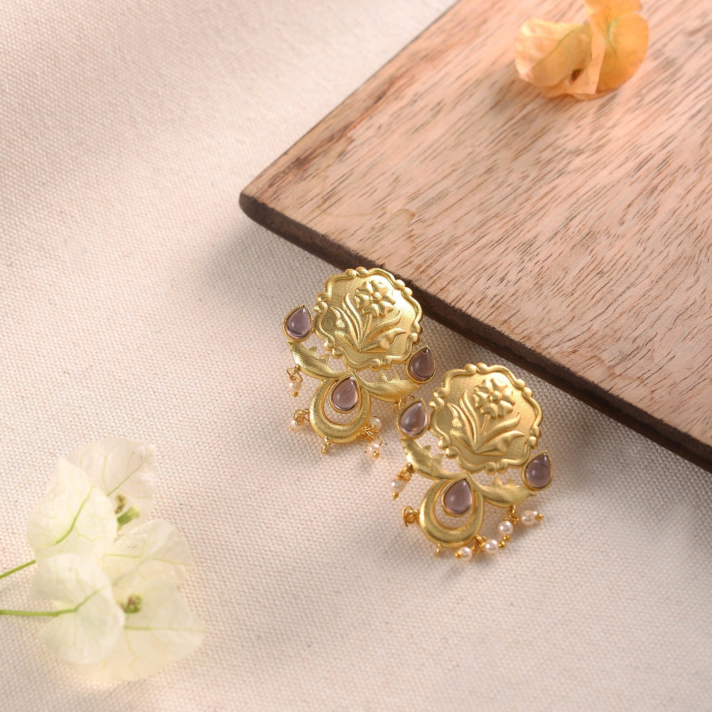 Ritika- Stone Studded Hanging Pearls Dangler Earrings(Purple)