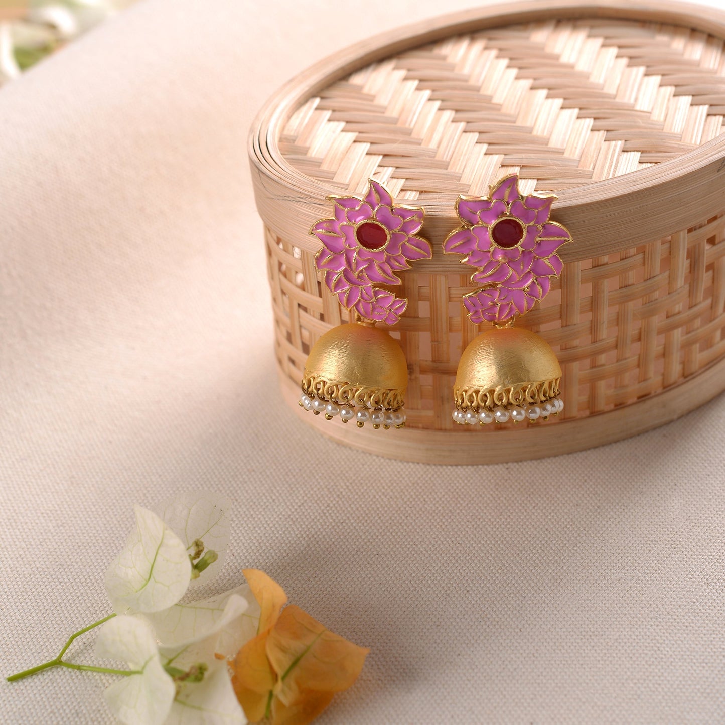 Niva- Hanging Pearl Jhumka Earrings(Pink)