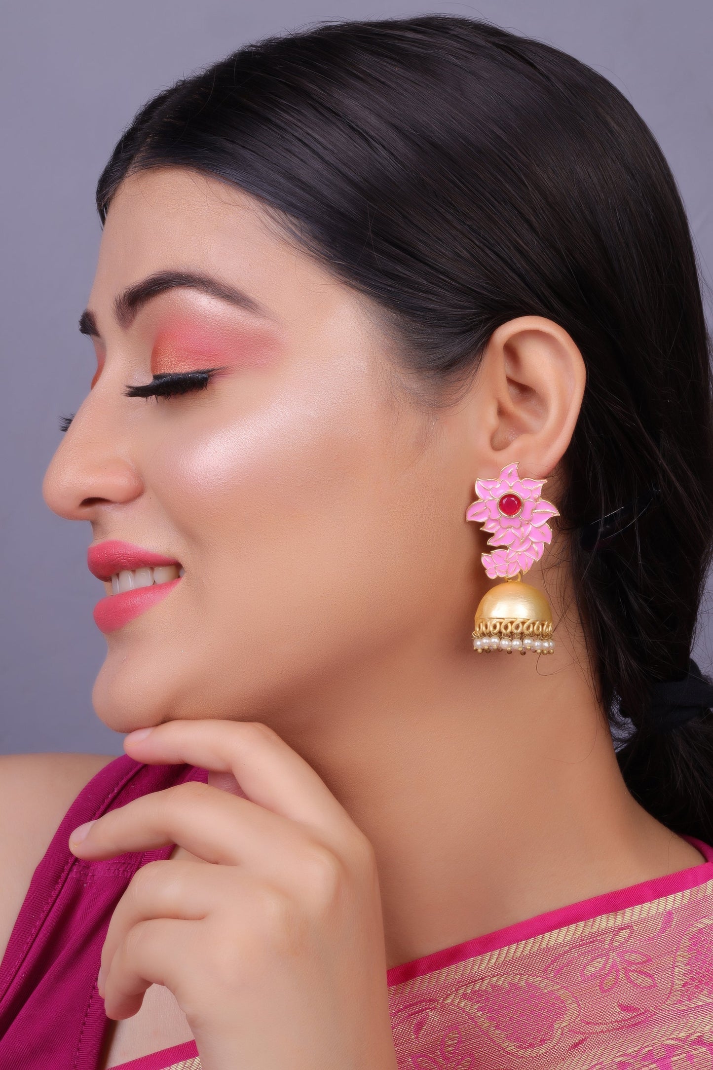 Niva- Hanging Pearl Jhumka Earrings(Pink)