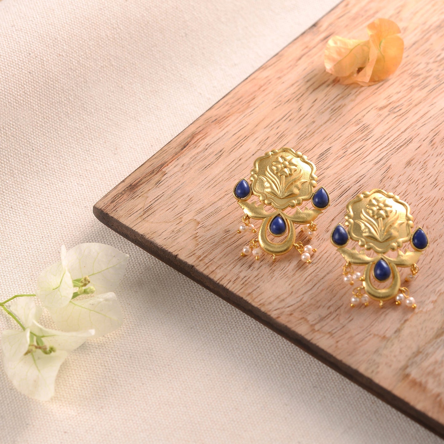 Ritika- Stone Studded Hanging Pearls Dangler Earrings(Blue)
