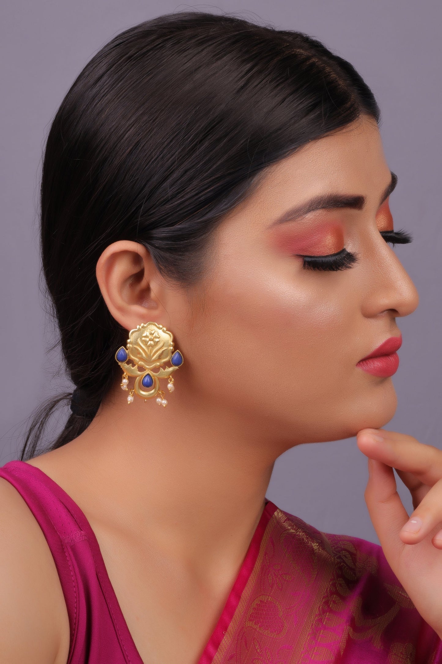 Ritika- Stone Studded Hanging Pearls Dangler Earrings(Blue)
