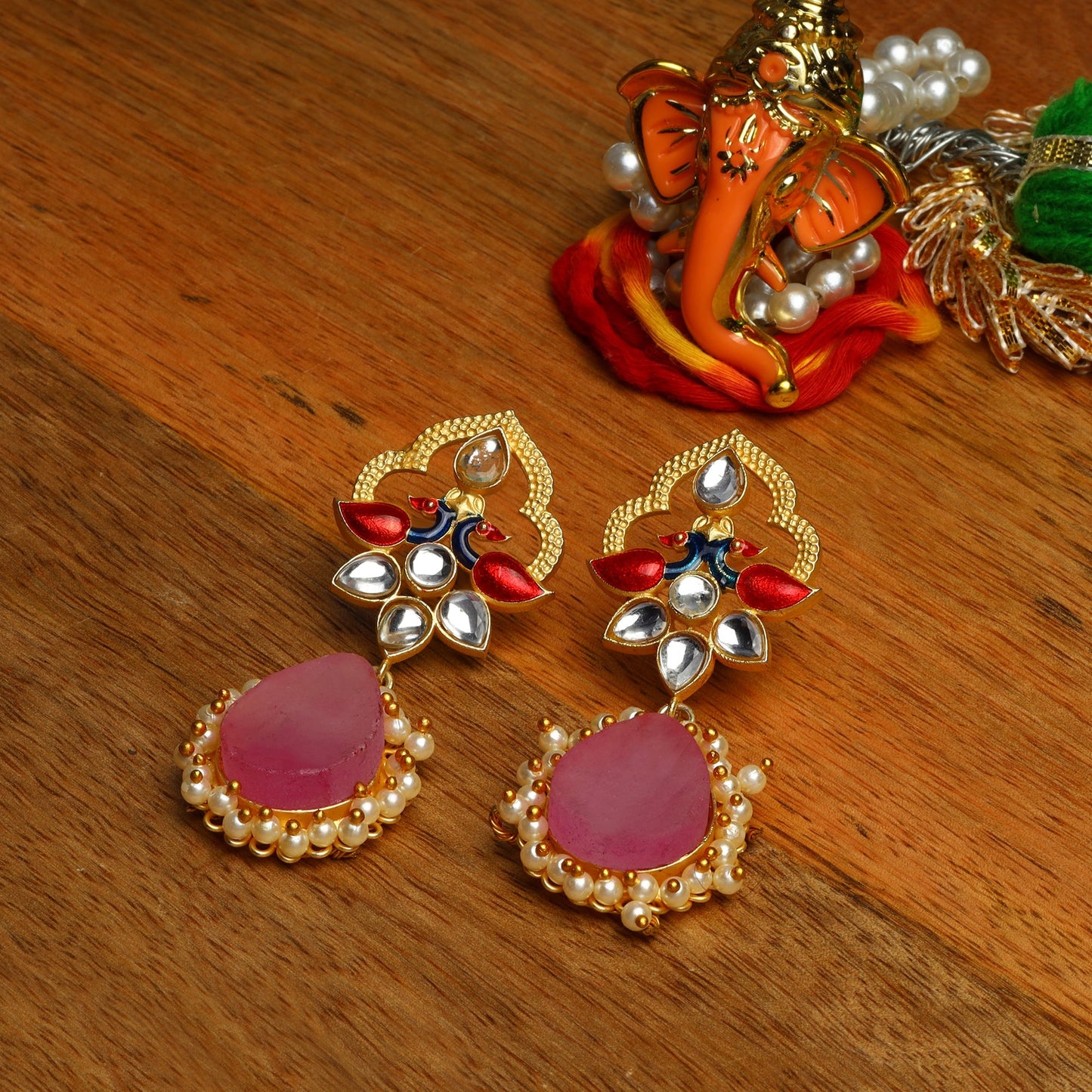Anvi- Stone Studded Pearl Framed Dangler Earring(Pink)
