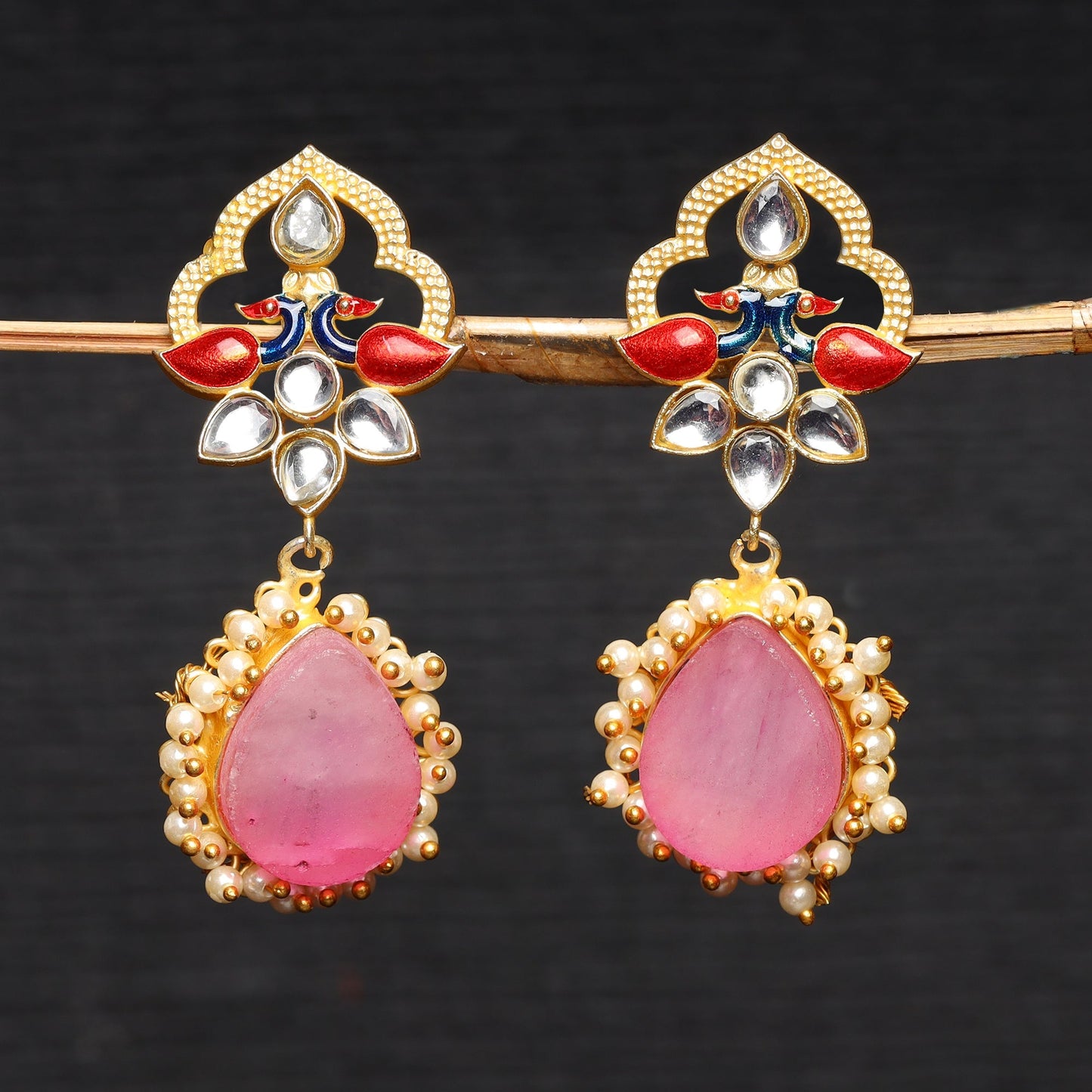 Anvi- Stone Studded Pearl Framed Dangler Earring(Pink)