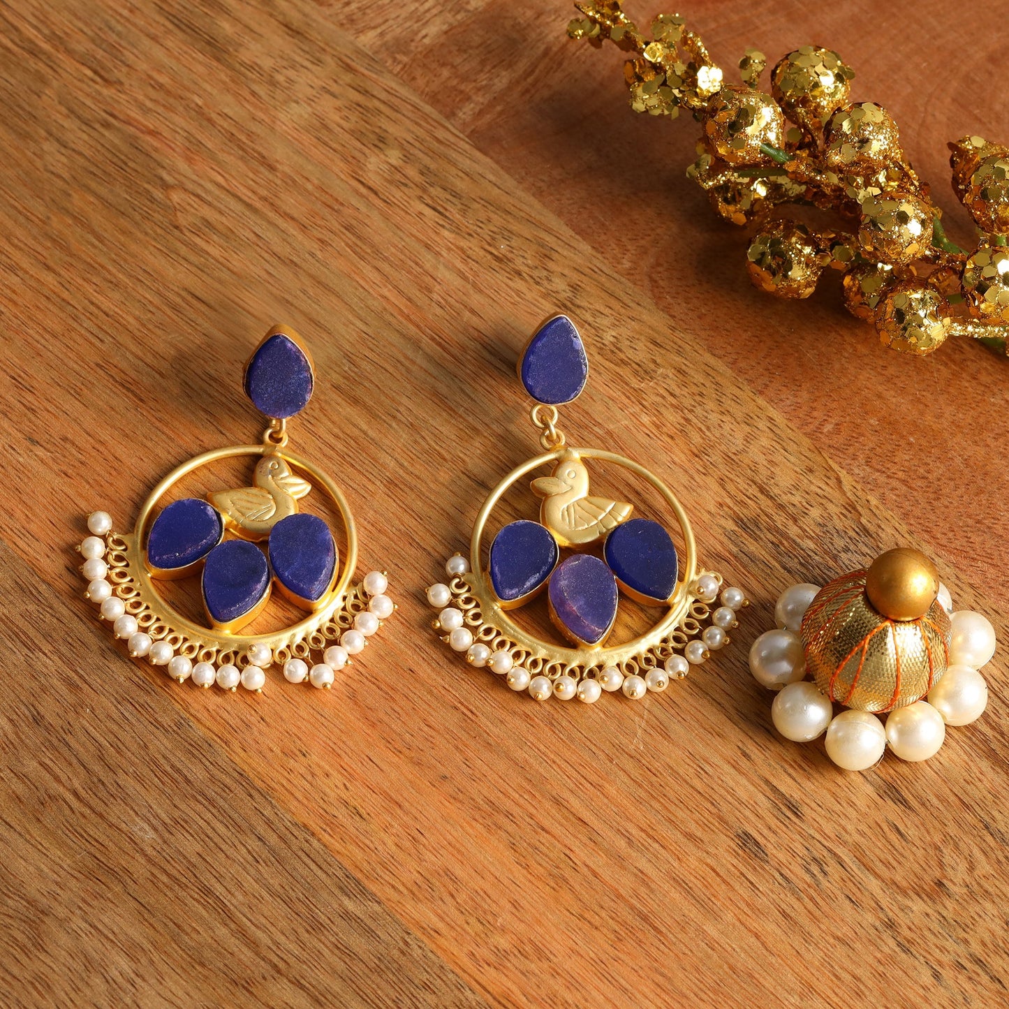 Sakshi- Blue natural stone studded Dangler Earrings