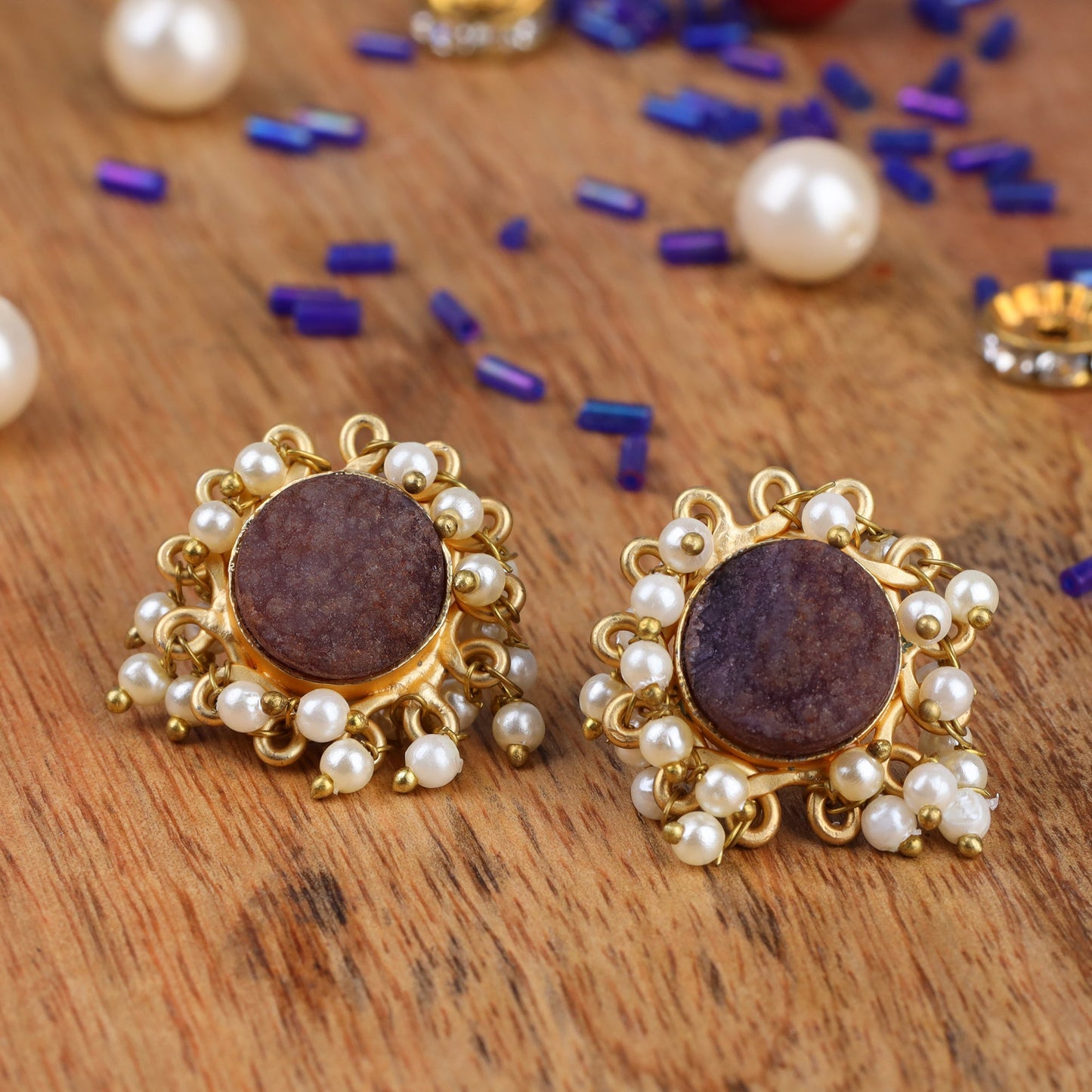 Nyra- Stone Studded Hanging Pearls Dangler Earrings