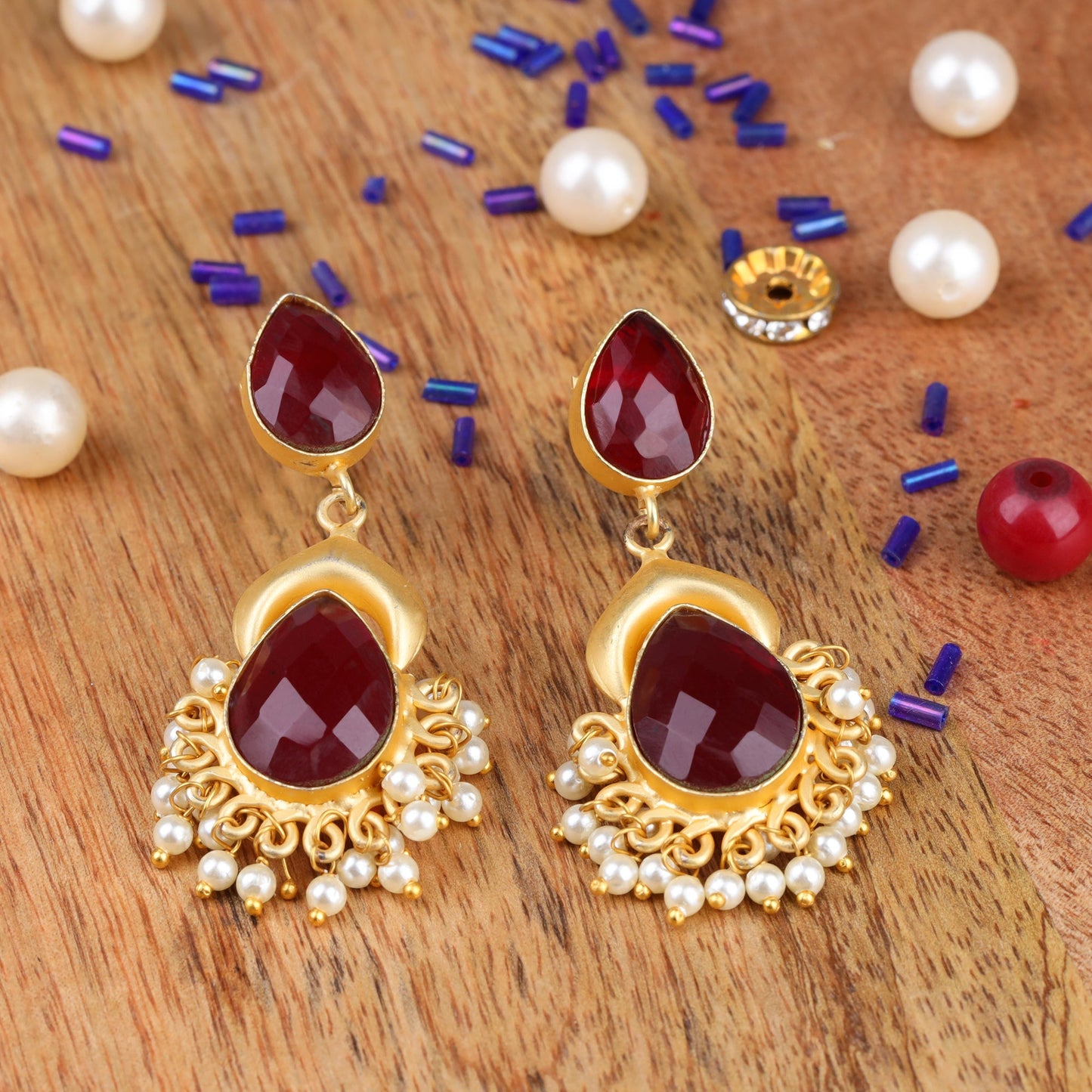 Nidhi- Stone Studded Hanging Pearls Dangler Earrings