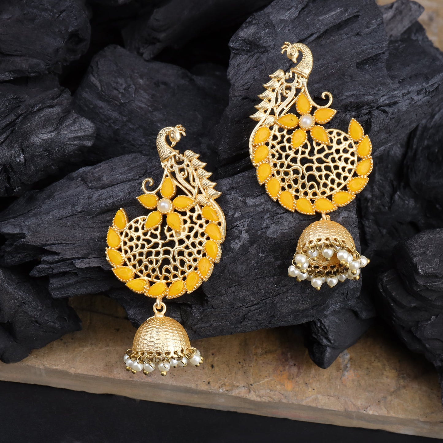 Prisha- Stone Studded Hanging Pearl Jhumki Earrings(Yellow)