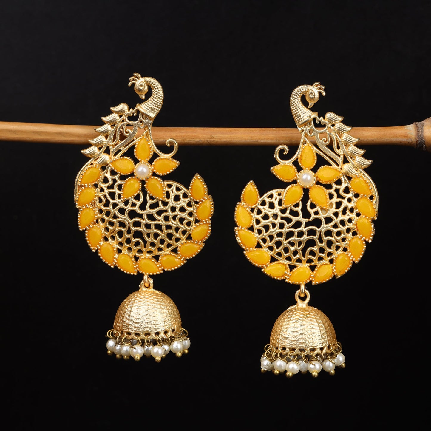 Prisha- Stone Studded Hanging Pearl Jhumki Earrings(Yellow)
