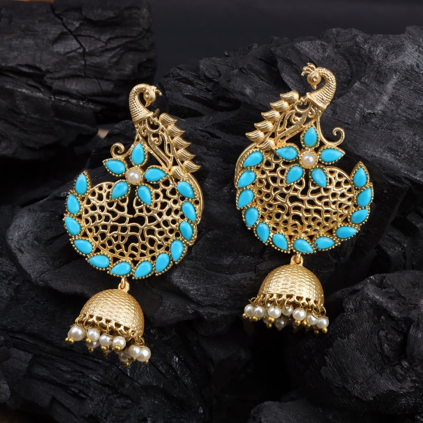 Prisha- Stone Studded Hanging Pearl Jhumki Earrings(Yellow)