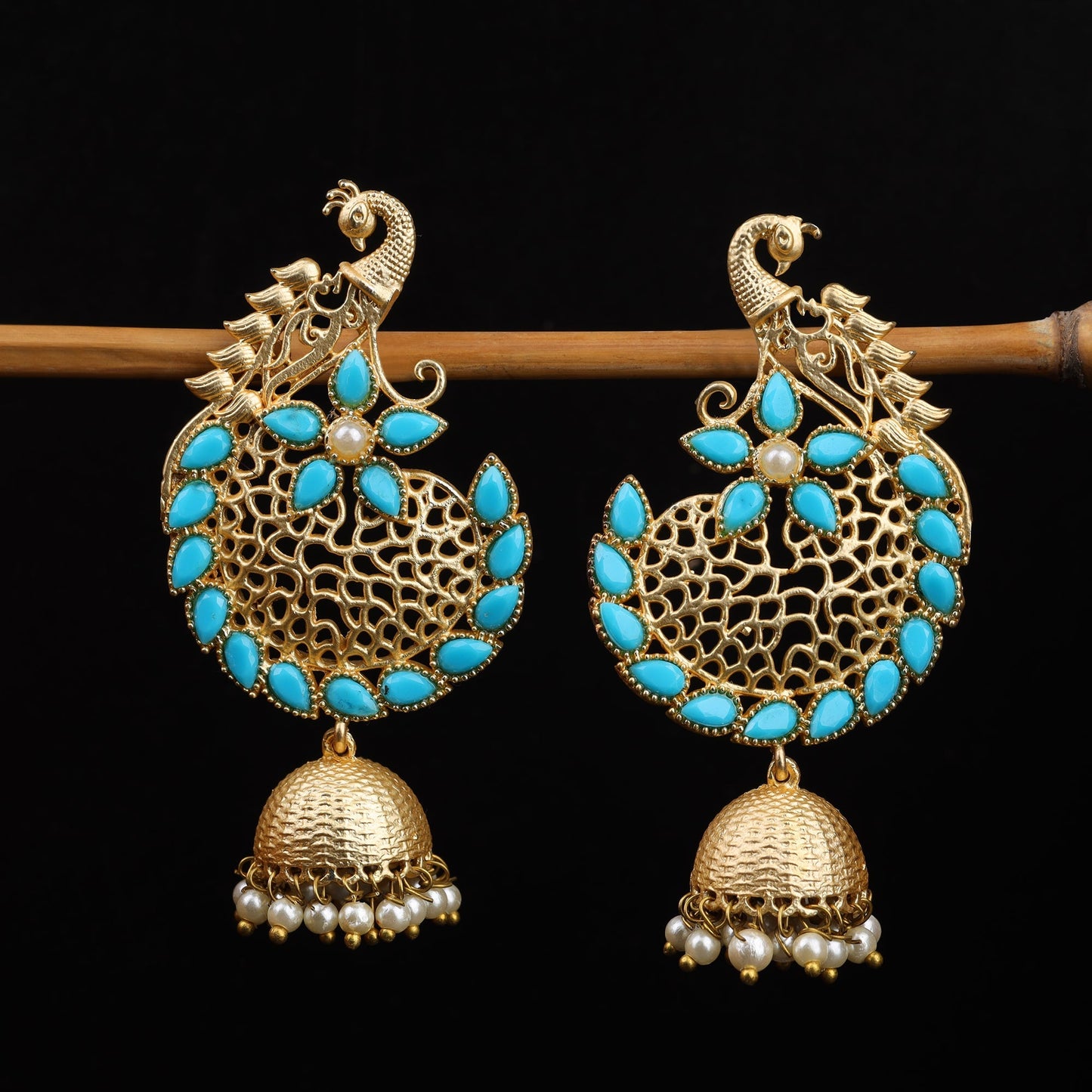 Prisha- Stone Studded Hanging Pearl Jhumki Earrings(Yellow)