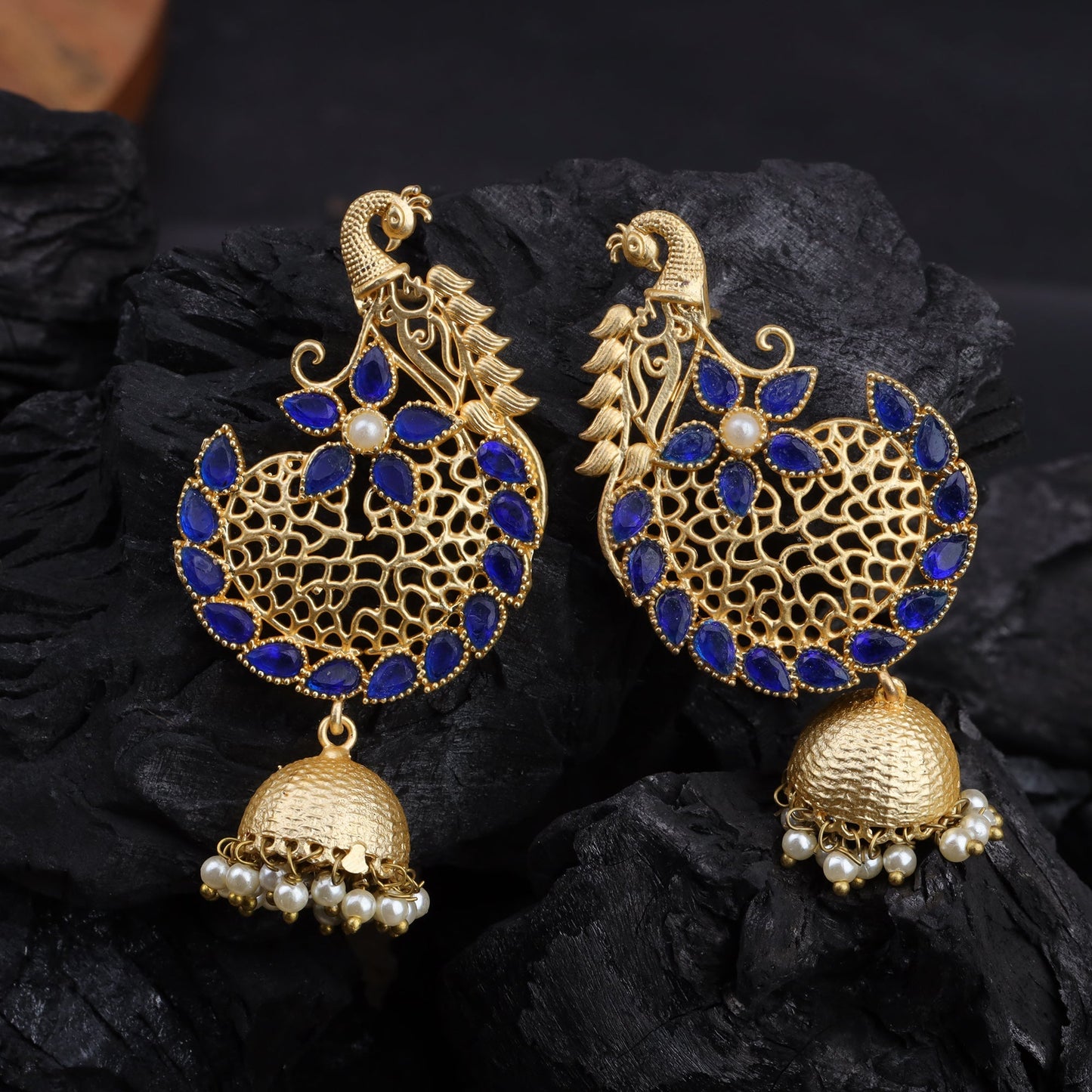 Prisha- Stone Studded Hanging Pearl Jhumki Earrings(Navy Blue)