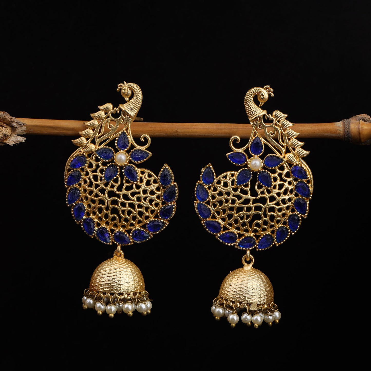 Prisha- Stone Studded Hanging Pearl Jhumki Earrings(Navy Blue)