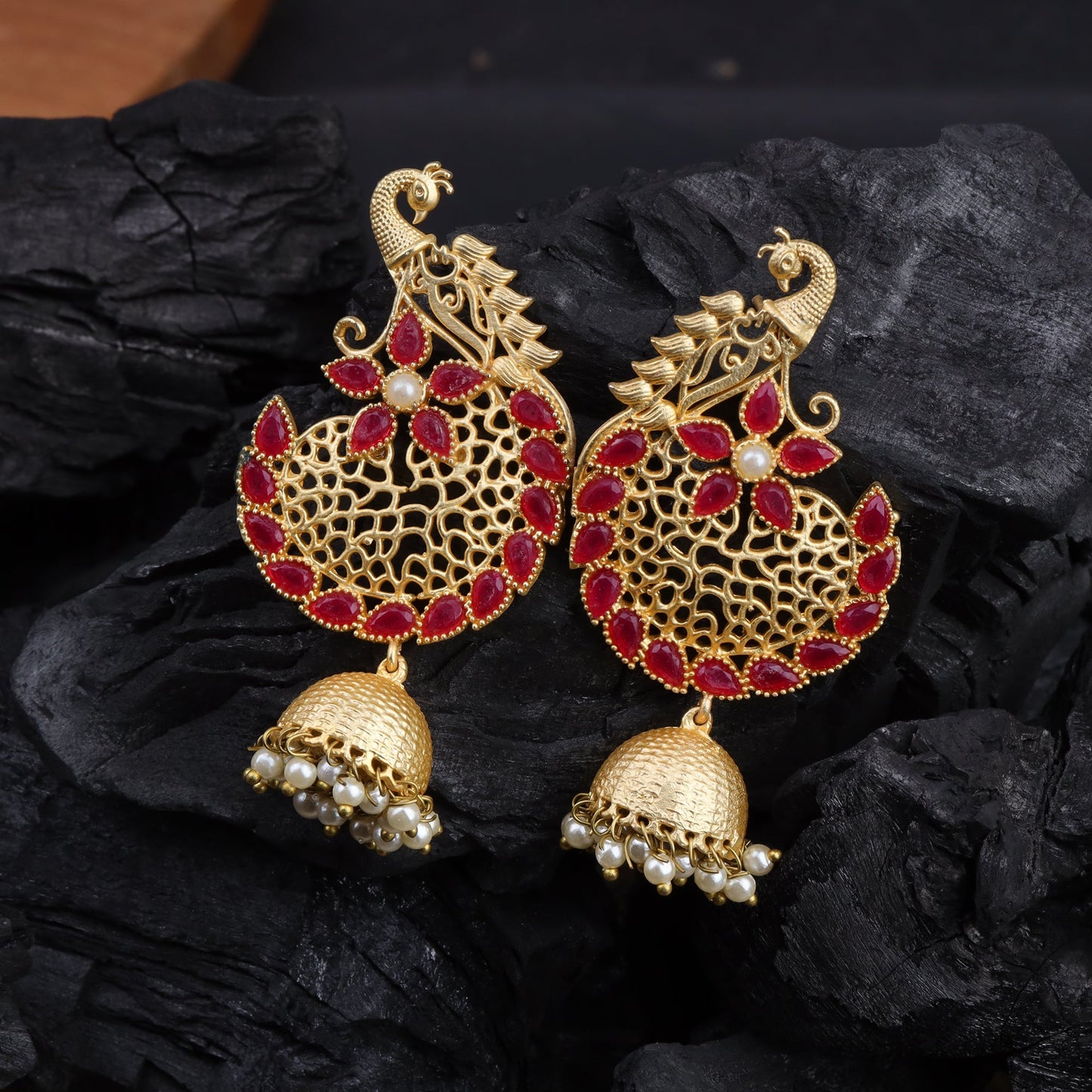 Prisha- Stone Studded Hanging Pearl Jhumki Earrings(Dark Red)
