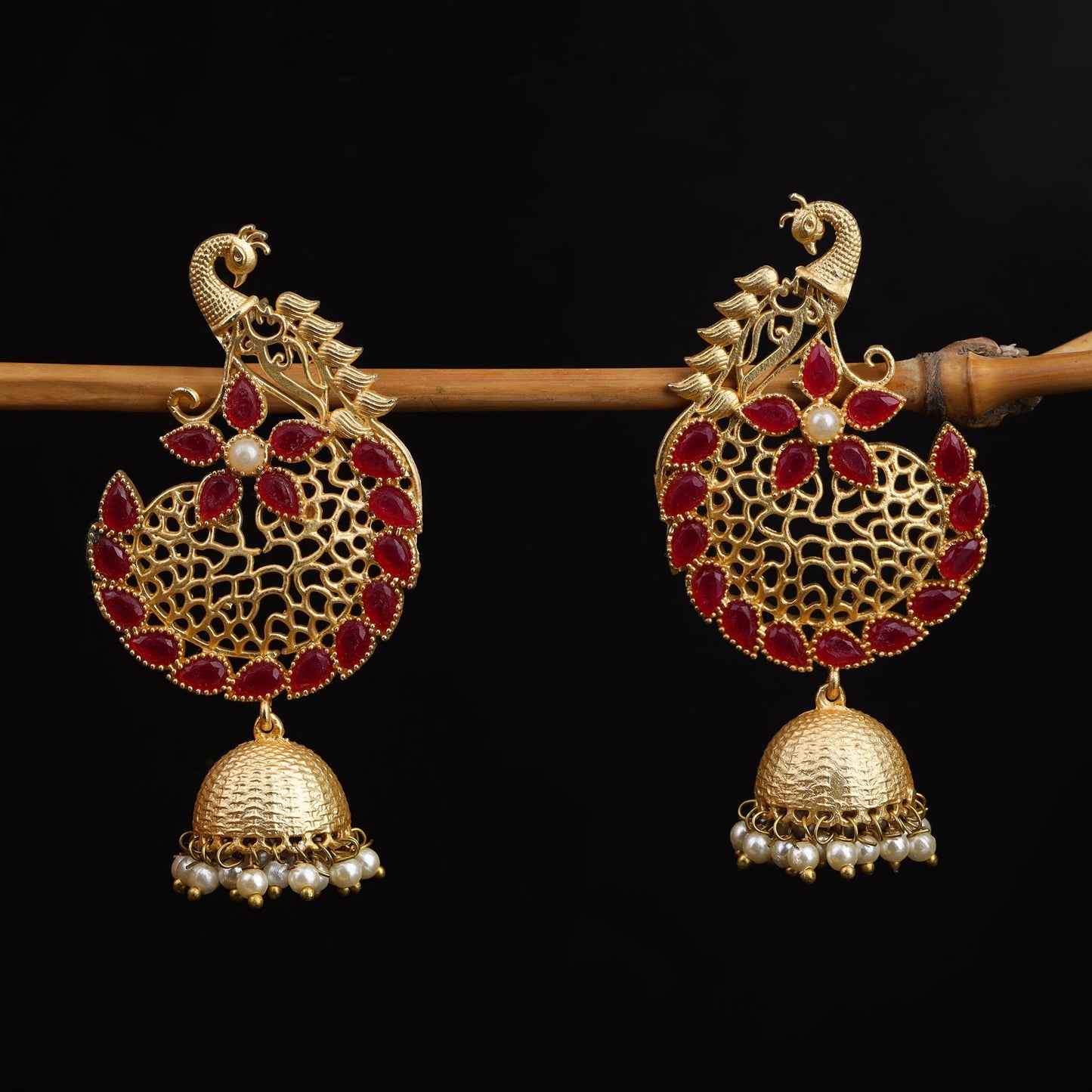 Prisha- Stone Studded Hanging Pearl Jhumki Earrings(Dark Red)