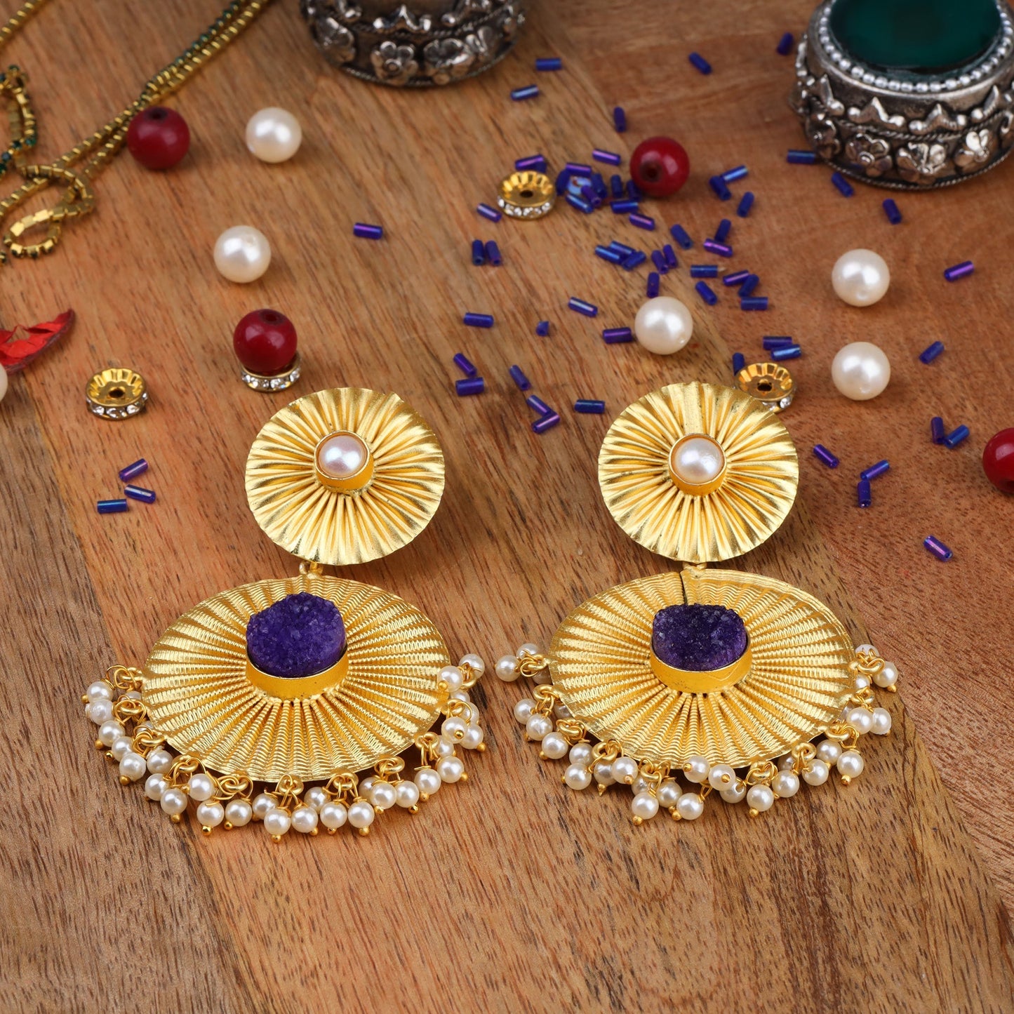 Radha- Natural Stone Studded Dangler Earrings(Purple)