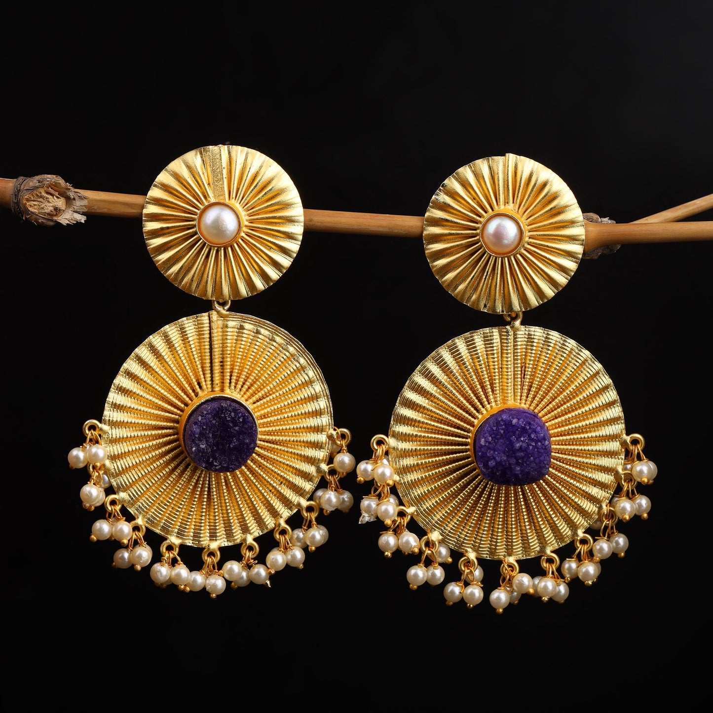 Radha- Natural Stone Studded Dangler Earrings(Purple)