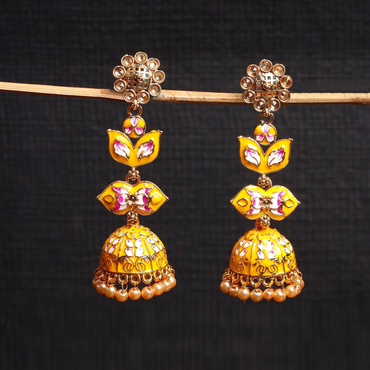 Kalika- Stone Studded Hanging Pearl Jhumki Earrings(Yellow)