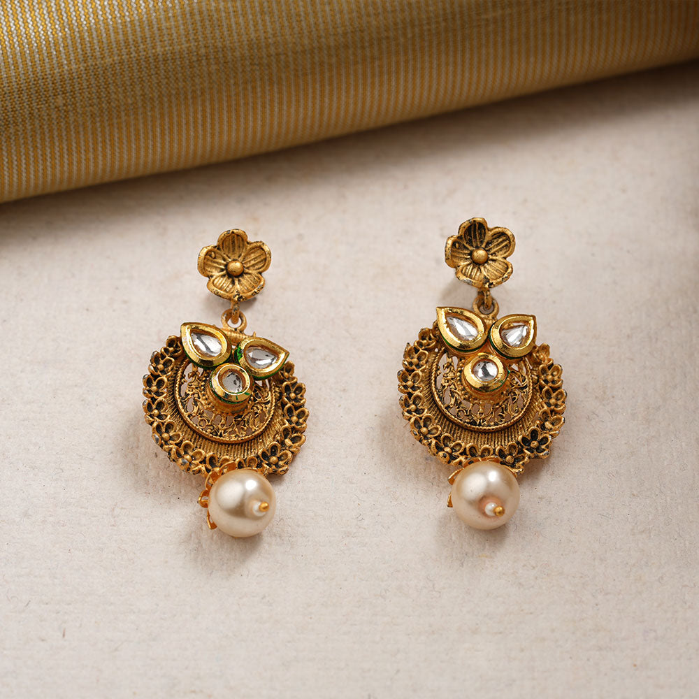 Tanirika- Stone Studded Hanging Pearl Dangler Earrings(White)