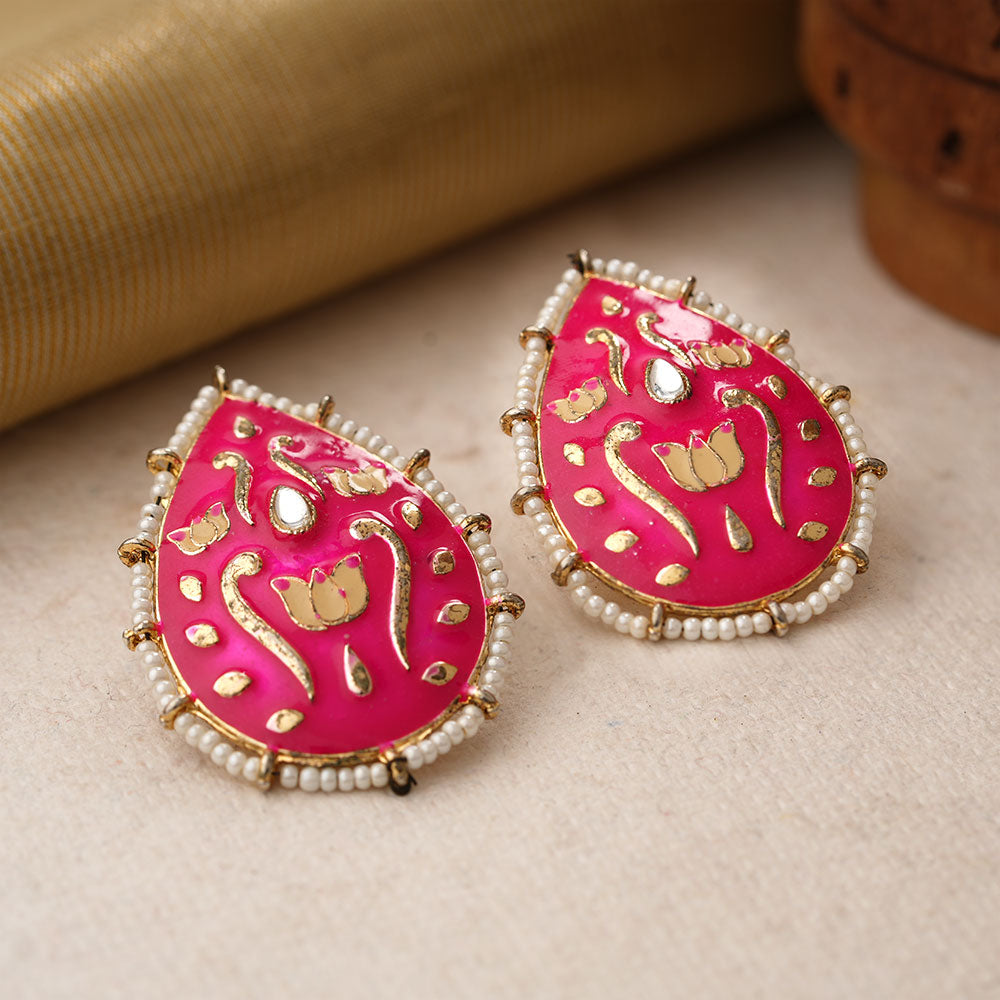 Alaya- Pearl Framed Drop Shaped Stud Earrings(Red)