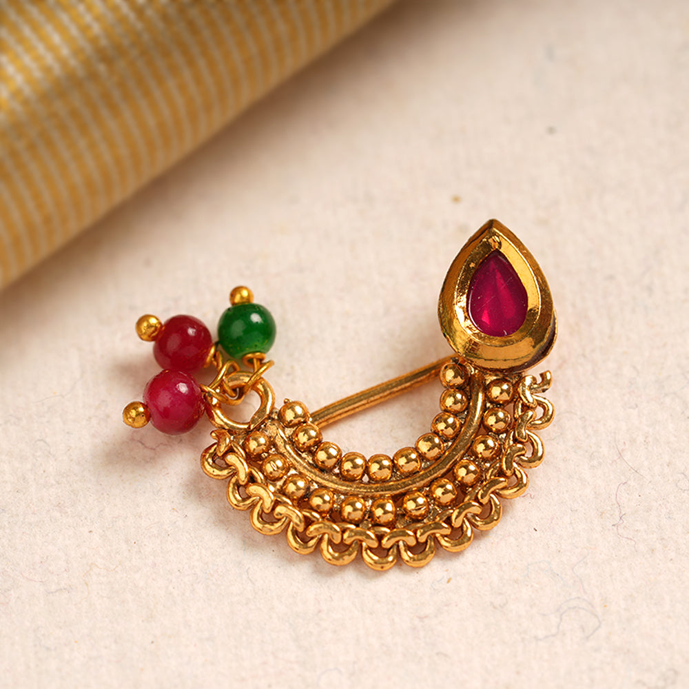 Shruti- Stone Studded Hanging Pearl Nath(Multicolor: Green and red)