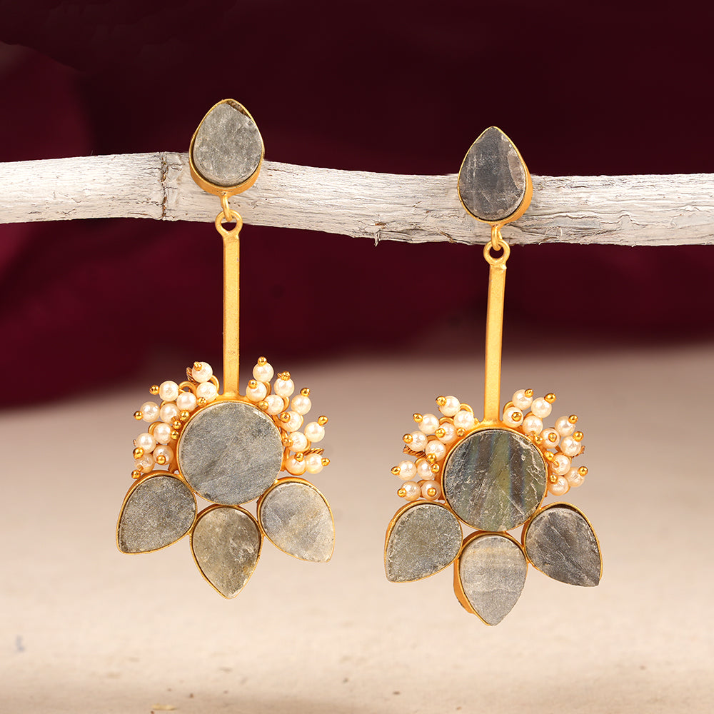 Ziyana- Stone Studded Baby Pearl Dangler Earrings(Gray)
