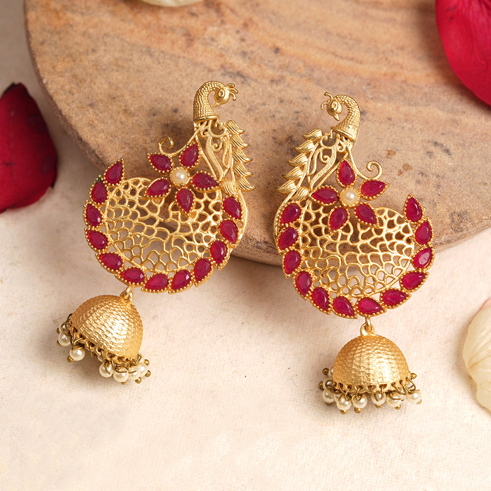 Prisha- Stone Studded Hanging Pearl Jhumki Earrings(Dark Red)