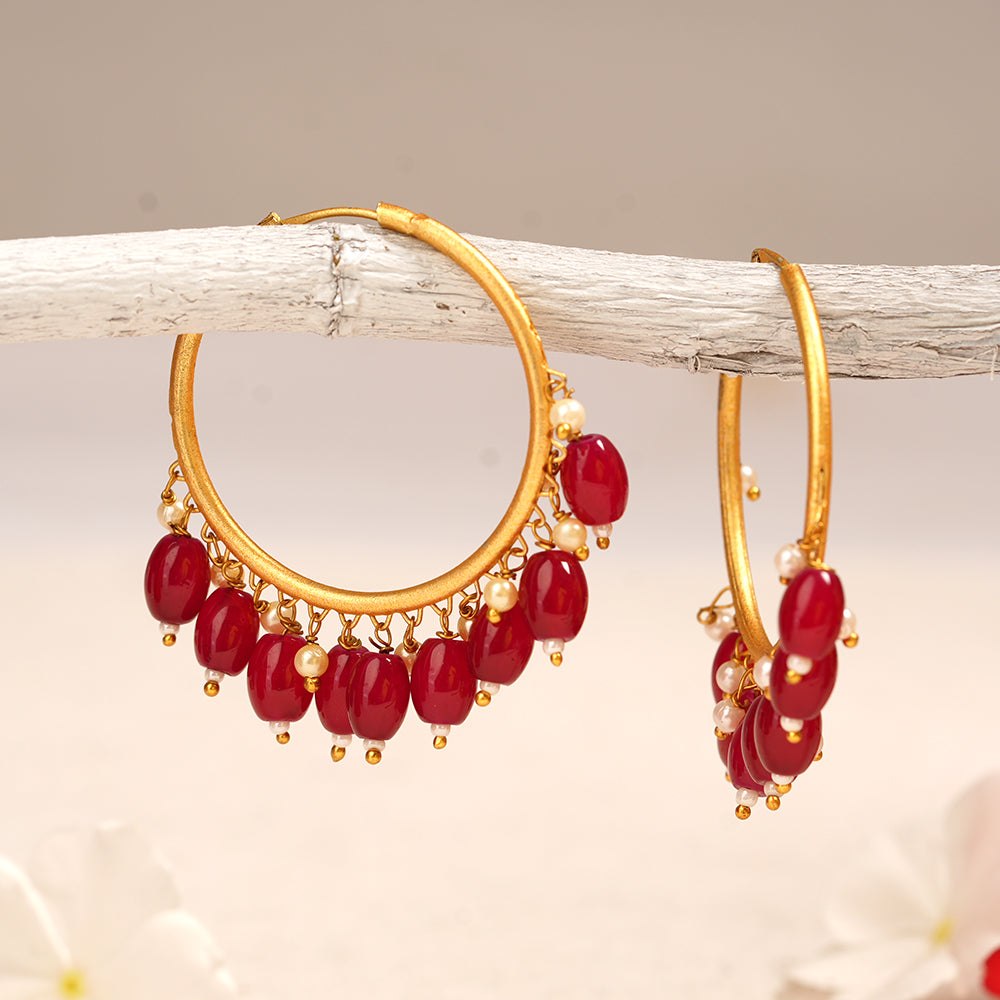 Zoya- Hanging Pearl Hoops Earrings(Red)