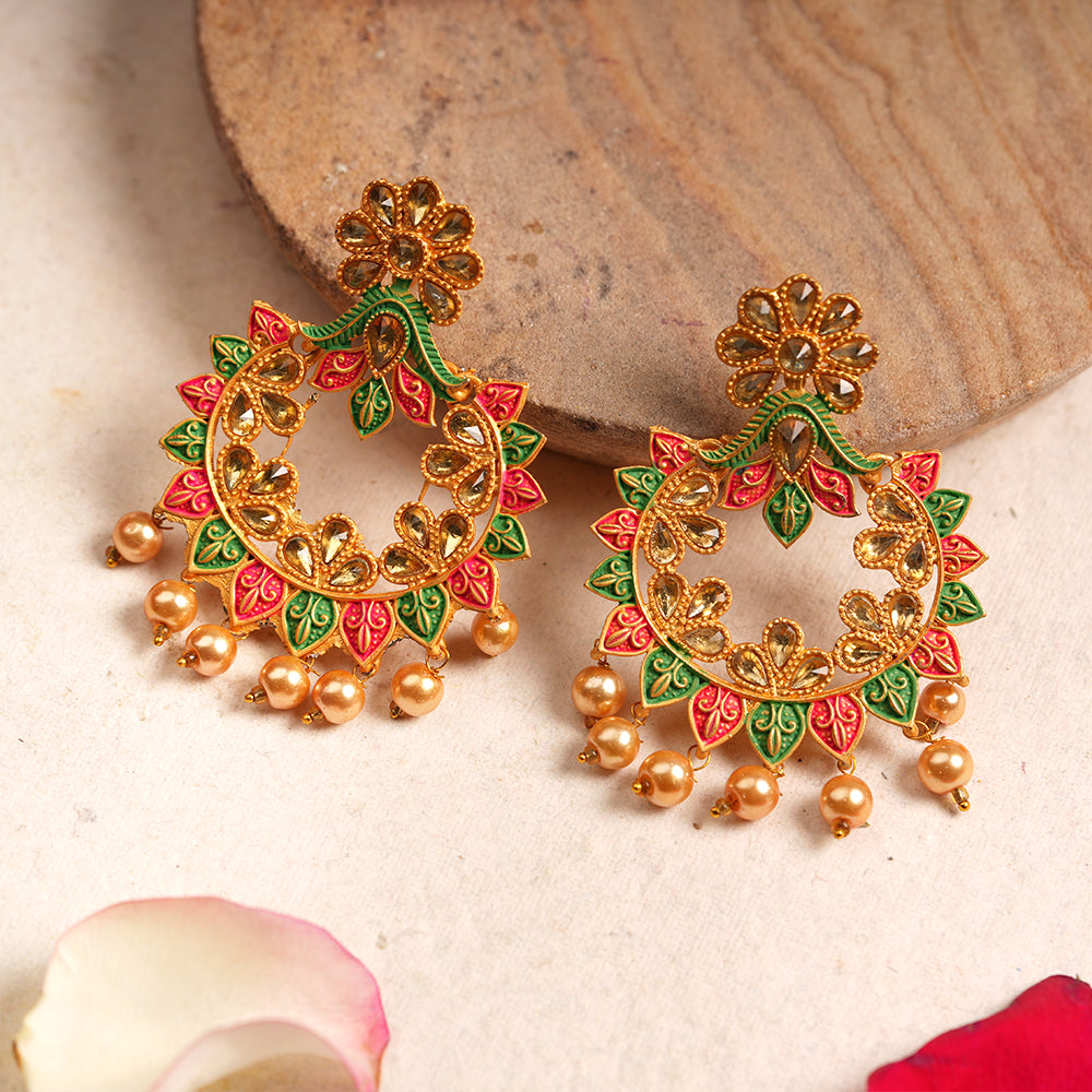 Shanaya- Meenakari Stone Studded Hanging Pearl Dangler Earrings