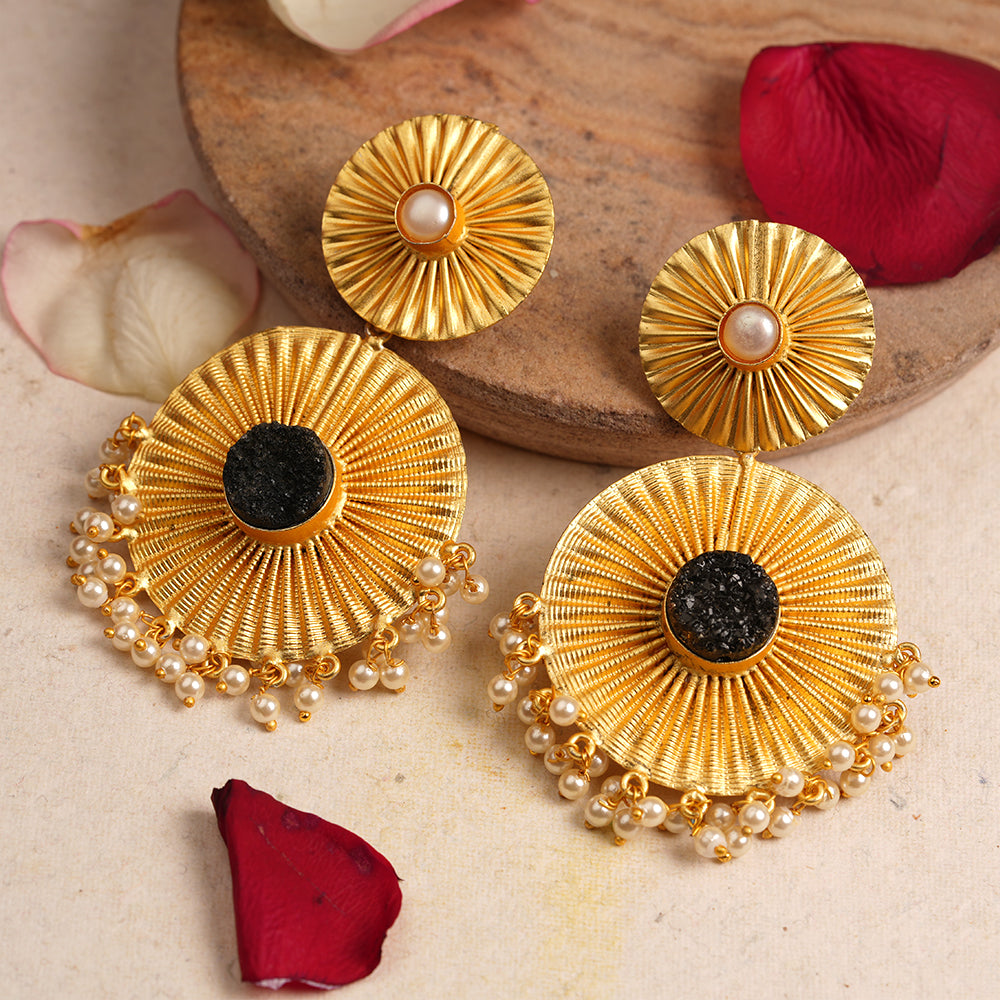 Radha- Natural Stone Studded Dangler Earrings(Black)