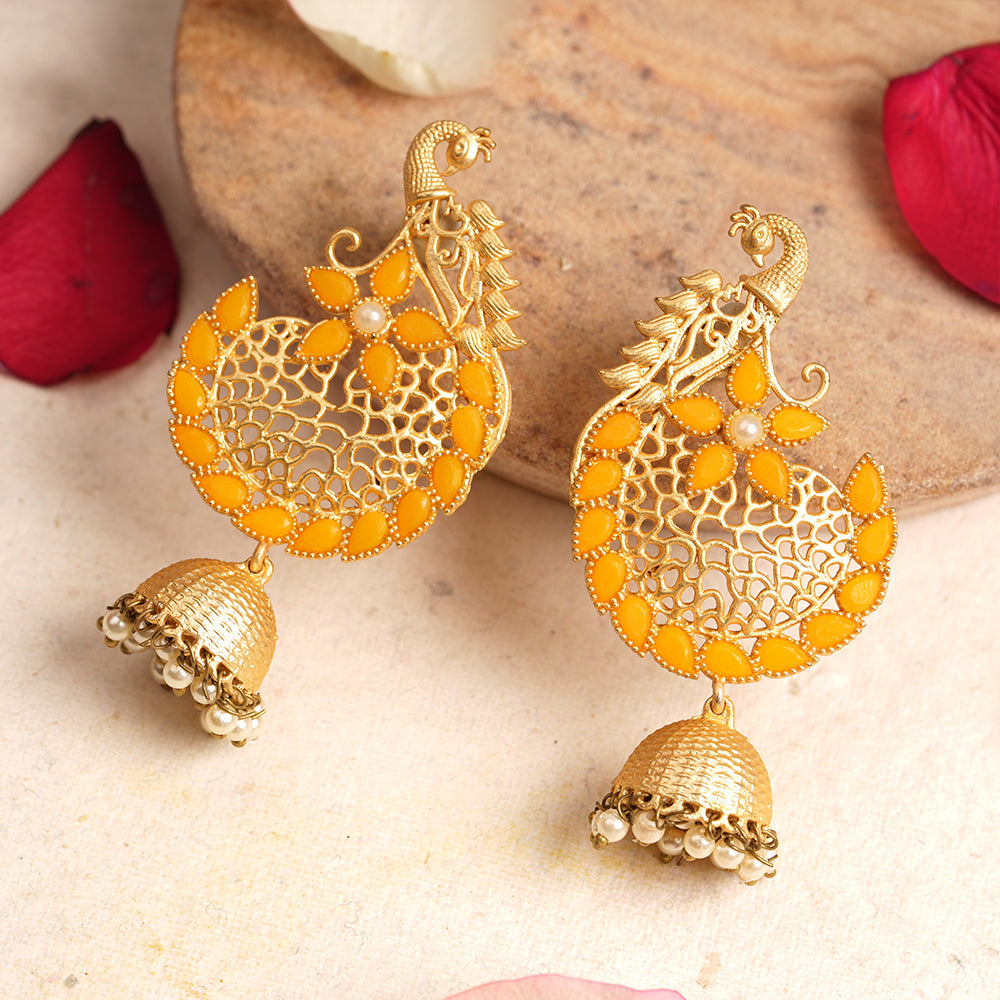 Prisha- Stone Studded Hanging Pearl Jhumki Earrings(Yellow)