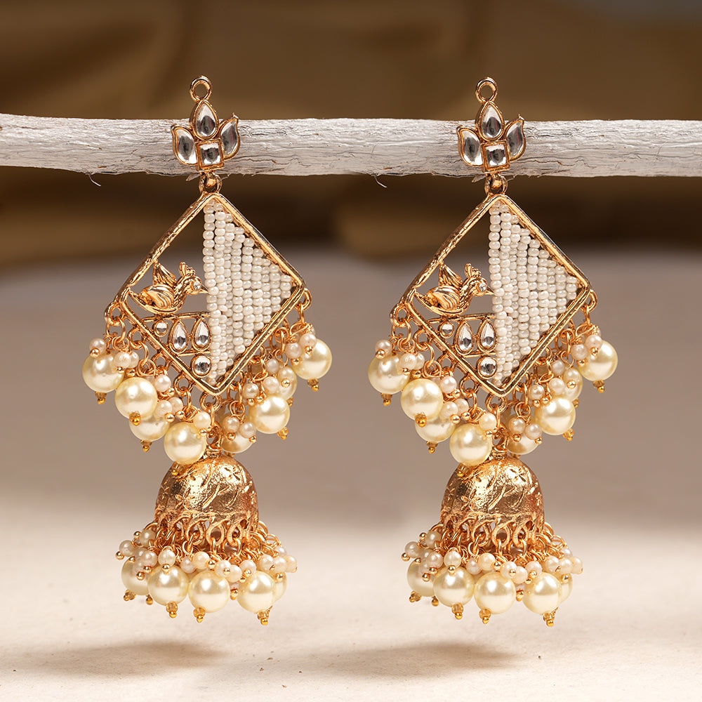 Jiya- Stone Studded Hanging Pearl Jhumki Earrings