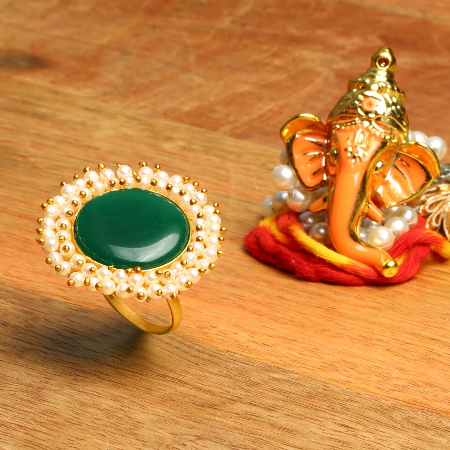 Bhavya- Stone Studded Pearl Framed ring(Green)