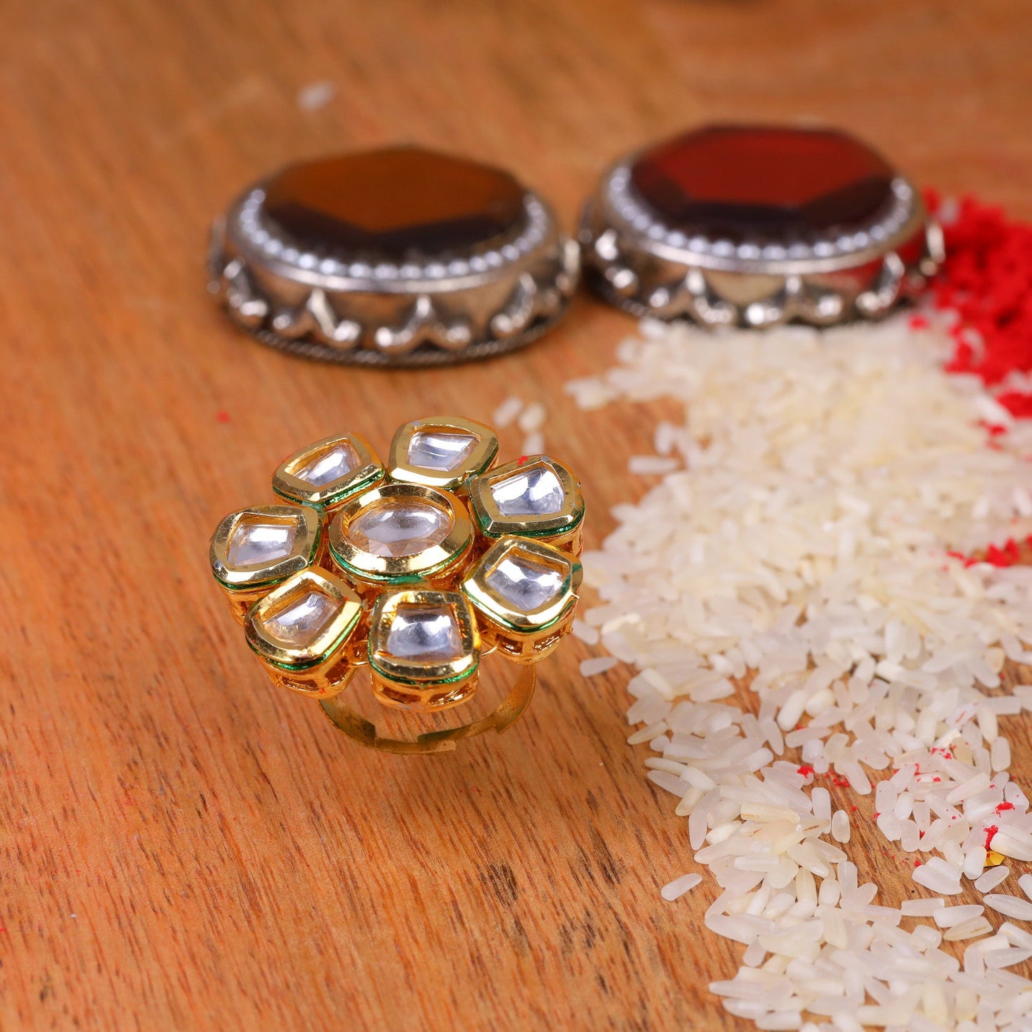 Gaurika- Stone Studded Golden Framed Adjustable Ring