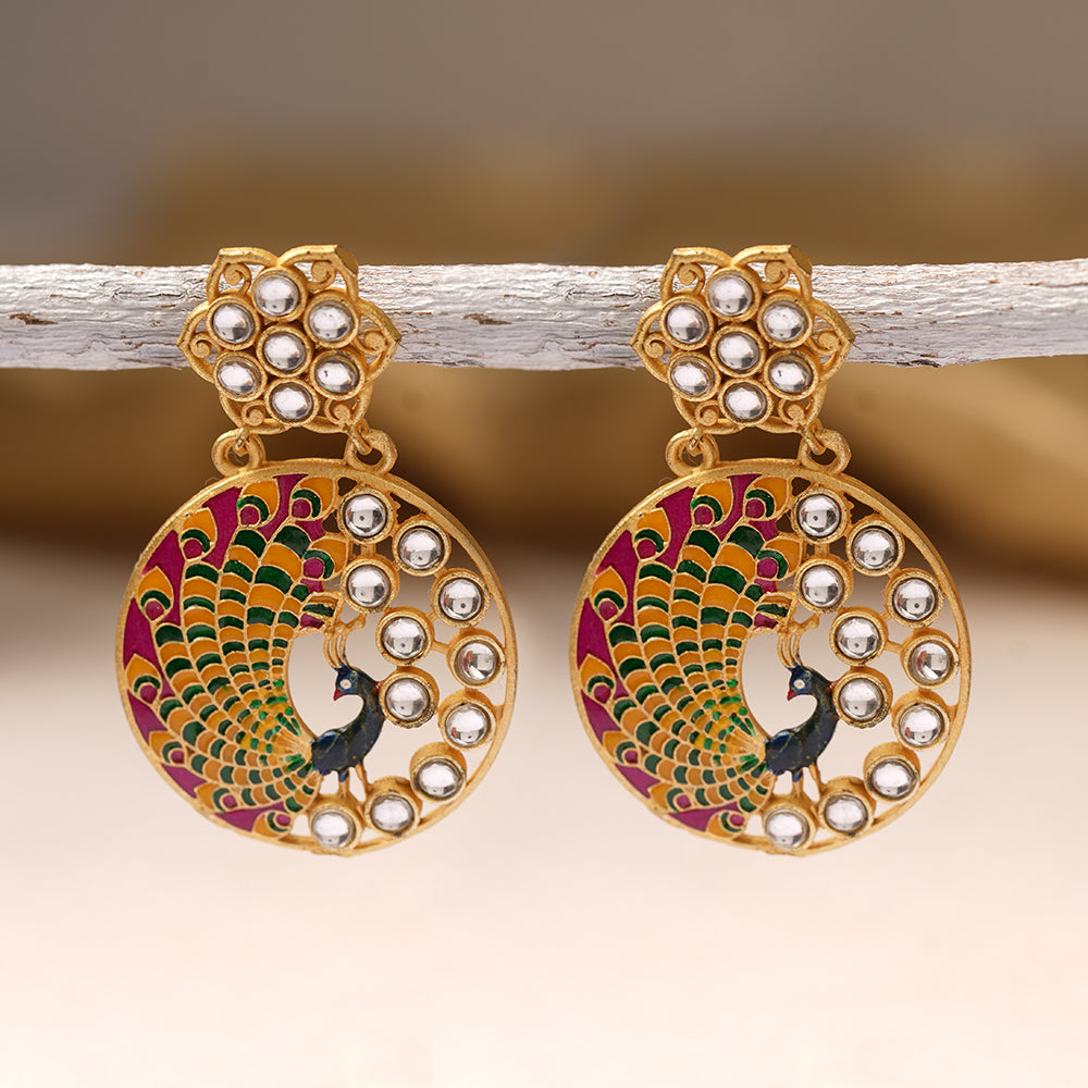 Madhvi- Stone Studded Golden Framed Dangler Earrings