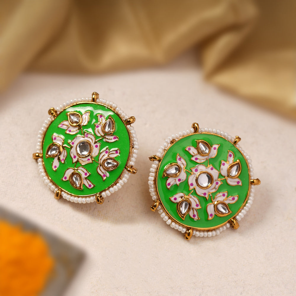 Kriti- Pearl Framed Stud Earrings(Parrot Green)