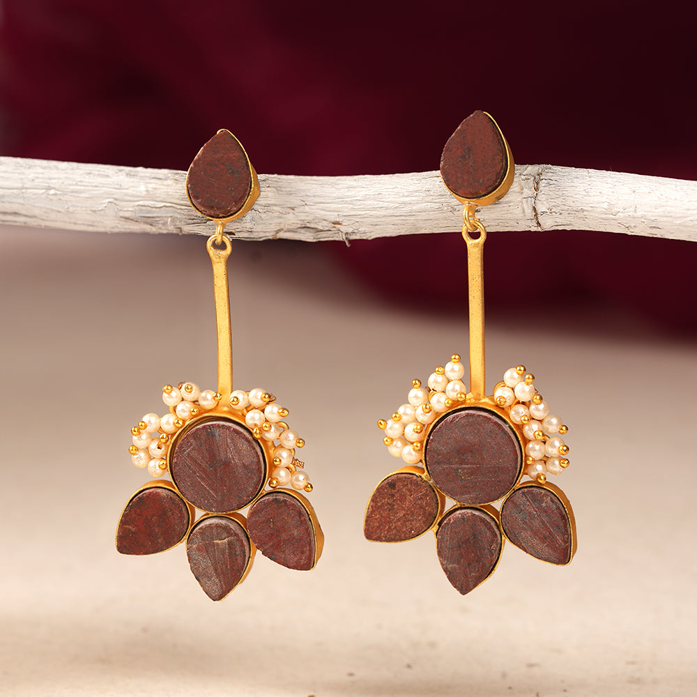 Ziyana- Stone Studded Baby Pearl Dangler Earrings(Red)