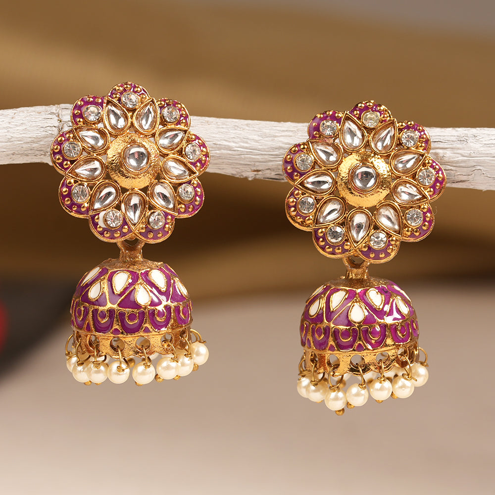 Chhavi- Stone Studded Hanging Pearls Jhumka Earrings