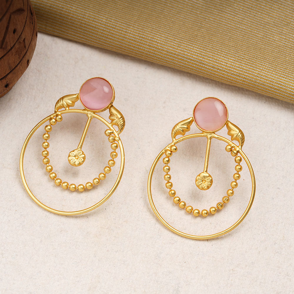 Darshini- Stone Studded Golden Framed Dangler Earrings(Baby Pink)