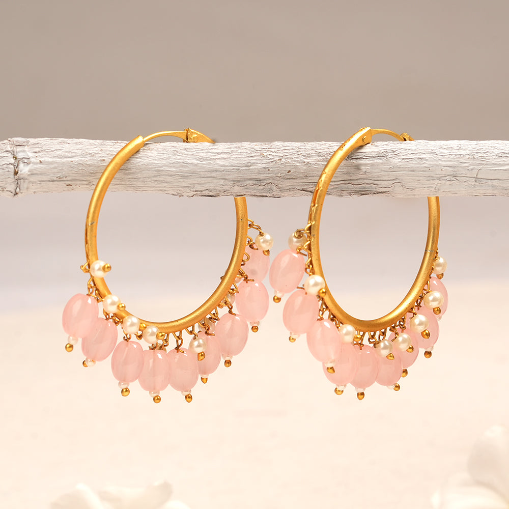 Zoya- Hanging Pearl Hoops Earrings(Light Pink)