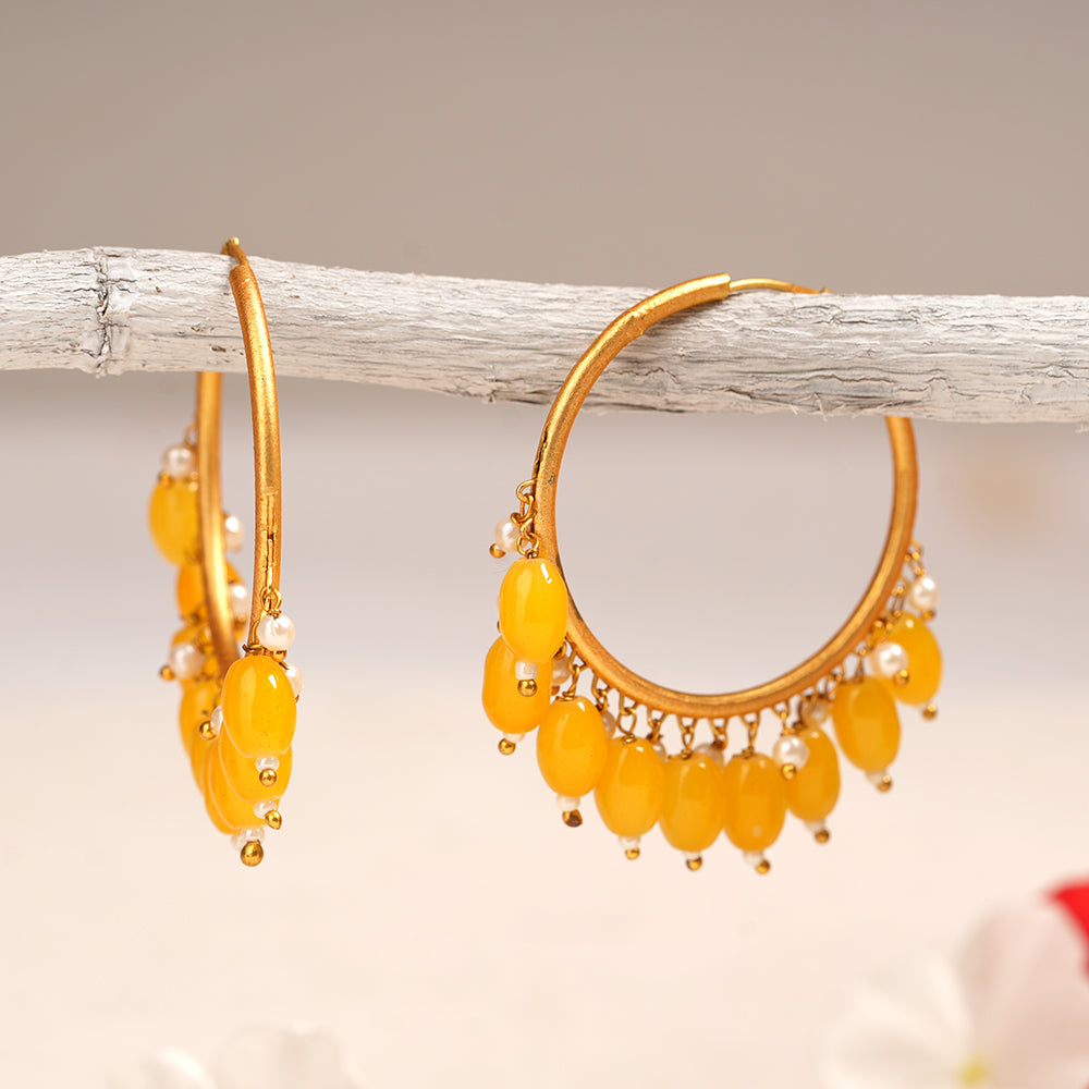 Zoya- Hanging Pearl Hoops Earrings(Yellow)