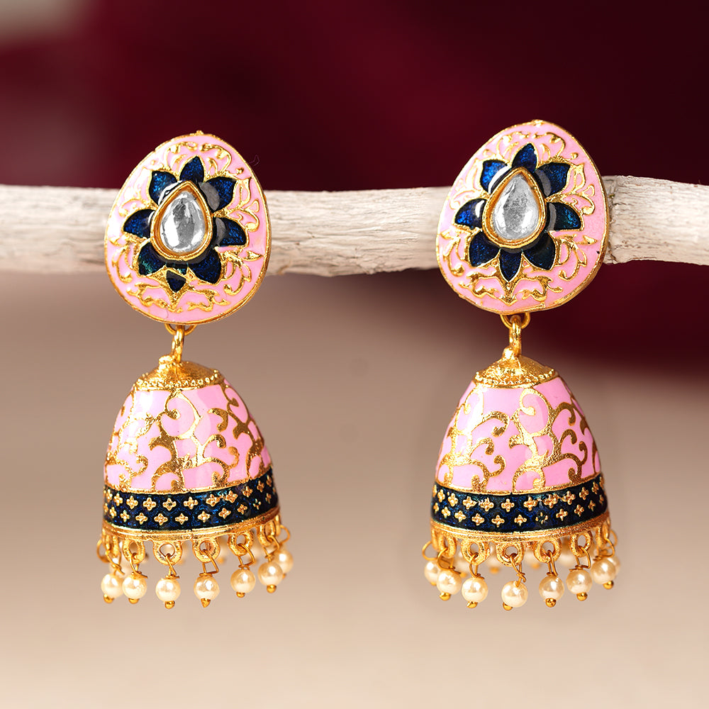 Advika- Stone Studded Hanging Pearls Jhumka Earrings(Light Pink)