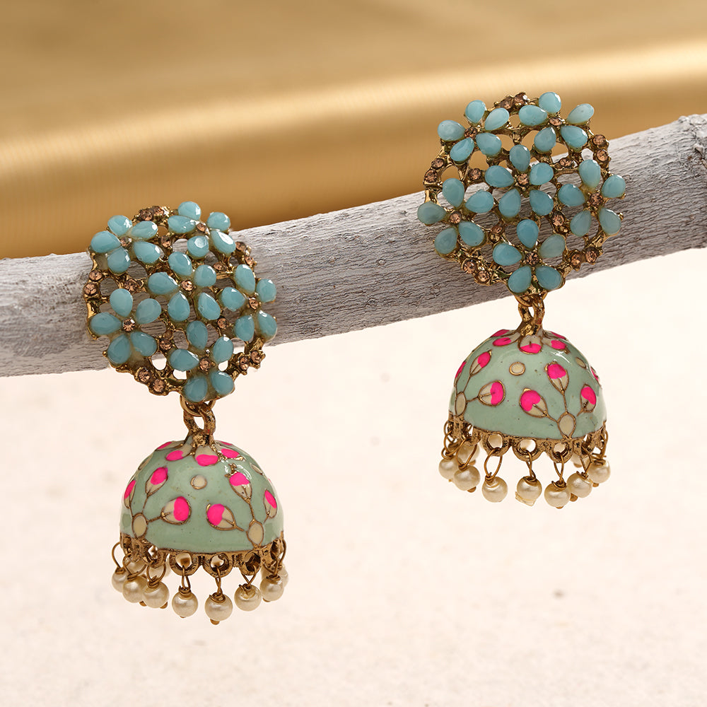 Heeya- Stone Studded Hanging Pearl Jhumka Earrings(Sky Blue)