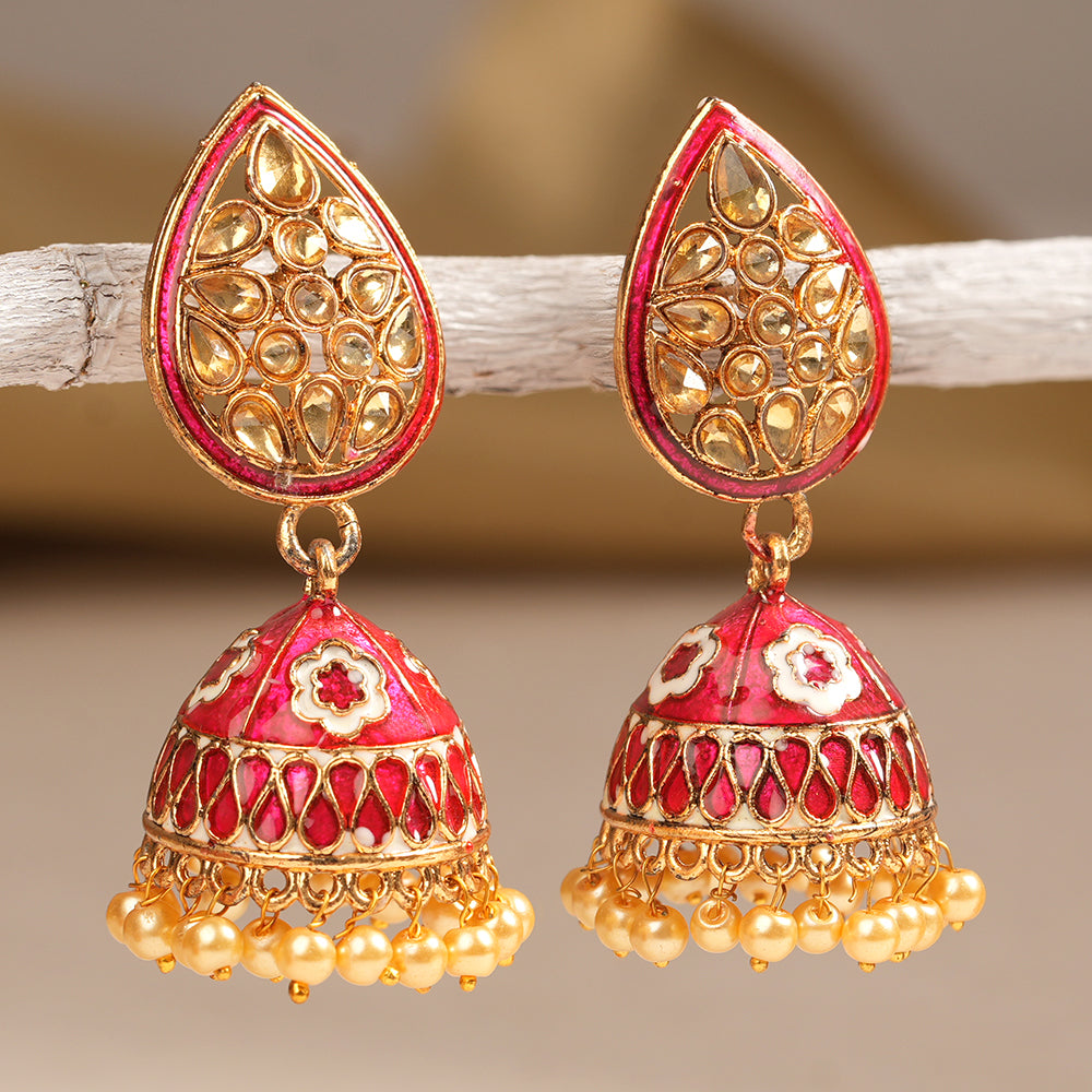 Dyuti- Stone Studded Hanging Pearl Jhumka Earrings (Red)