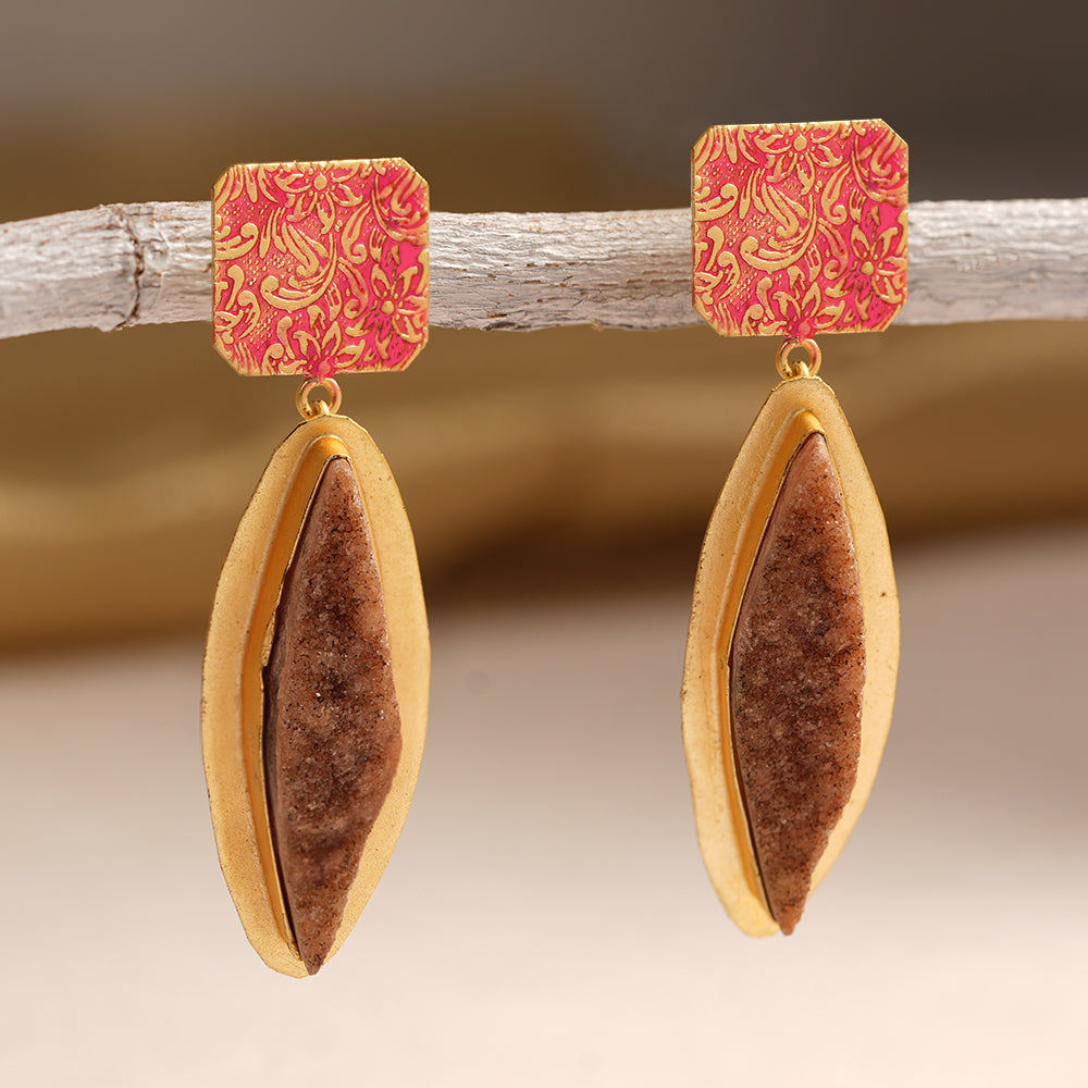 Malini- Unpolished natural stone embedded Dangler Earrings(Brown)