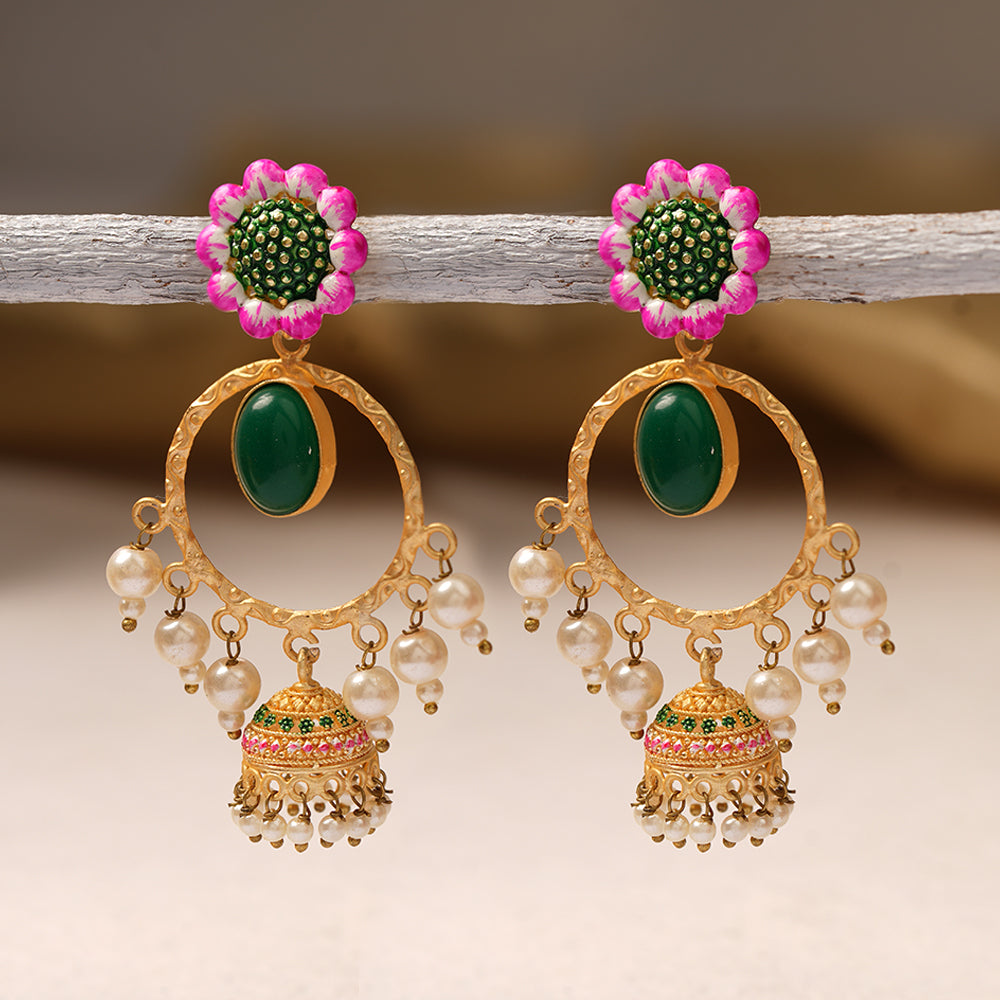 Laila- Stone Studded Hnaging Pearl Jhumki Earrings(Green)