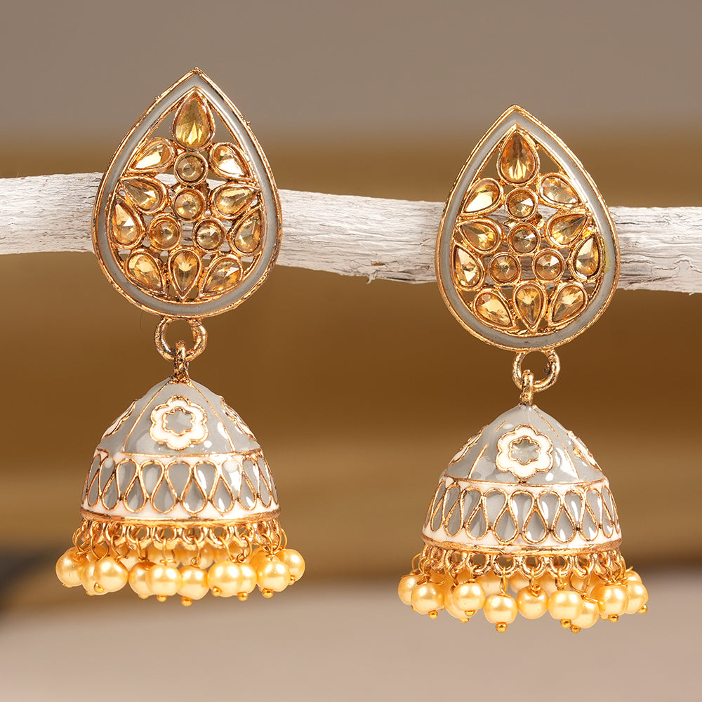 Dyuti- Stone Studded Hanging Pearl Jhumka Earrings (Gray)