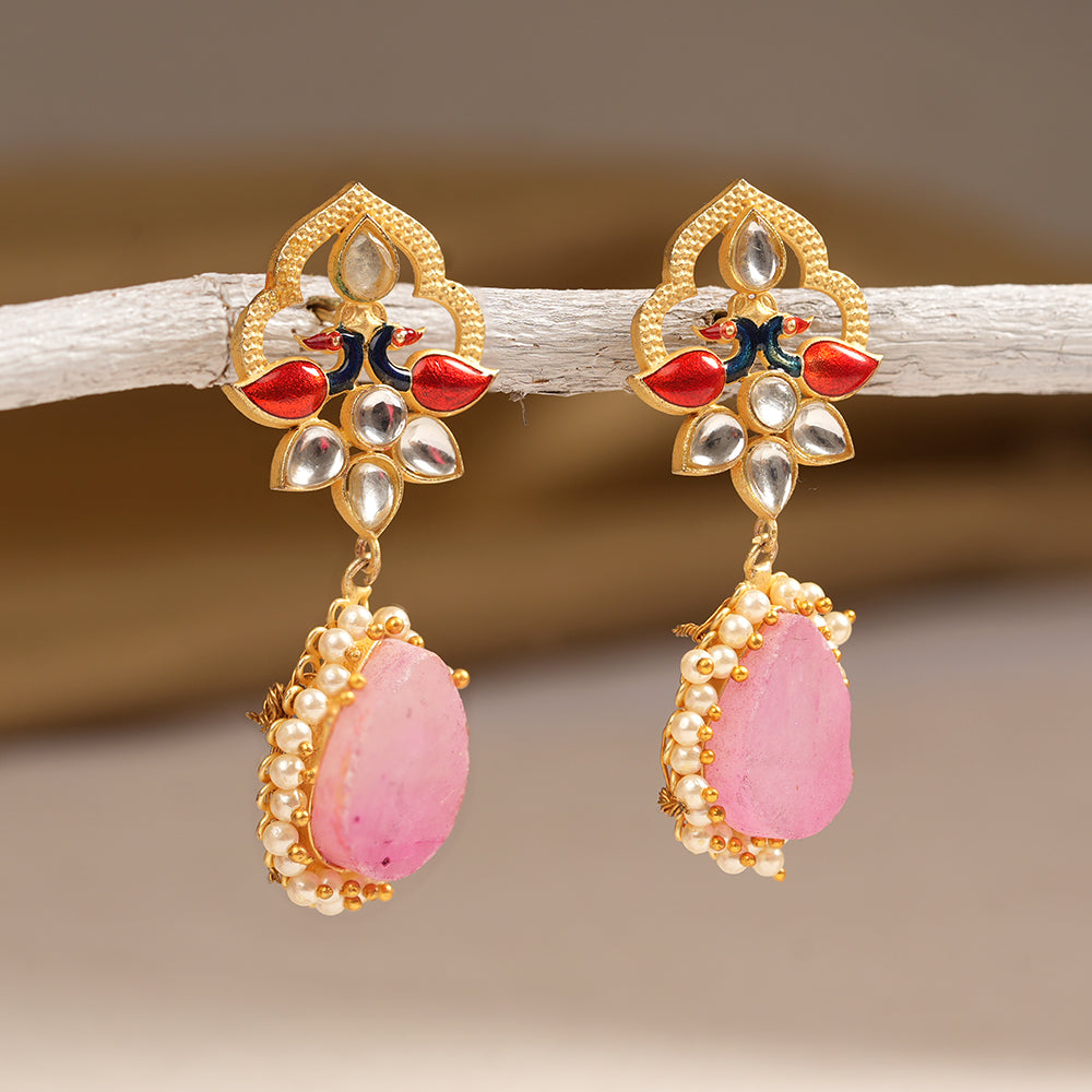 Anvi- Stone Studded Pearl Framed Dangler Earring(Pink)