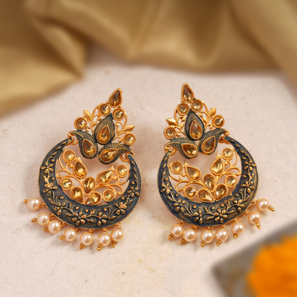 Kashvi- Stone Studded Hanging Pearl Dangler Earrings