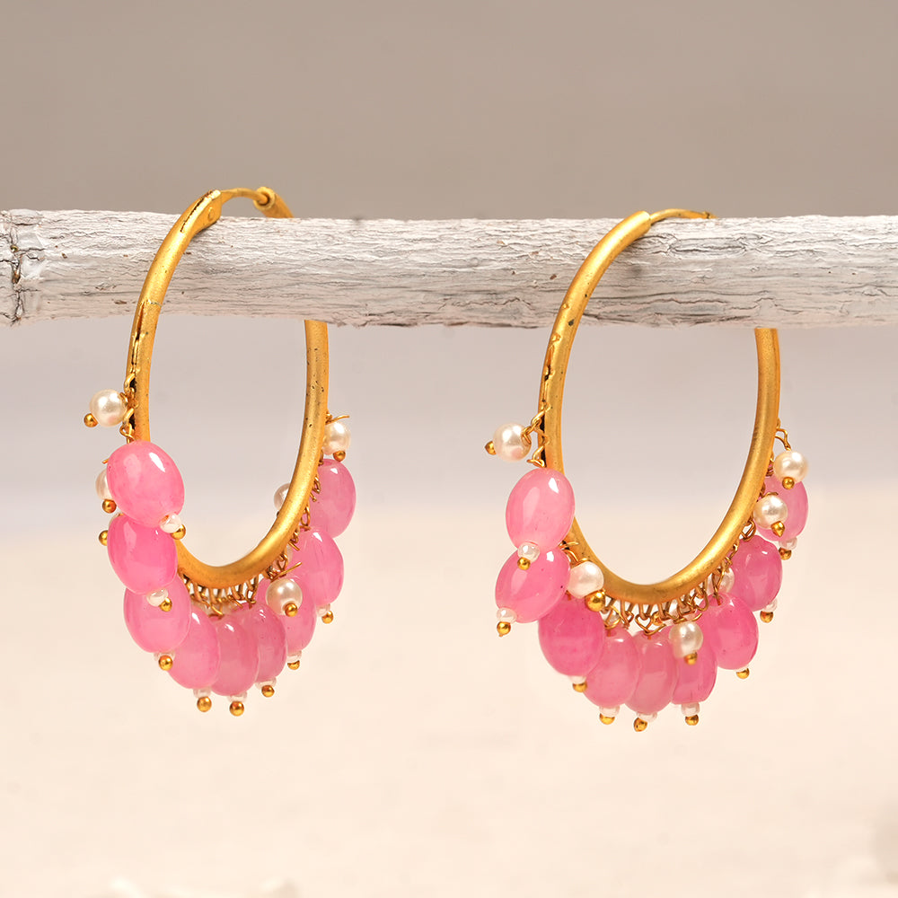 Zoya- Hanging Pearl Hoops Earrings(Pink)